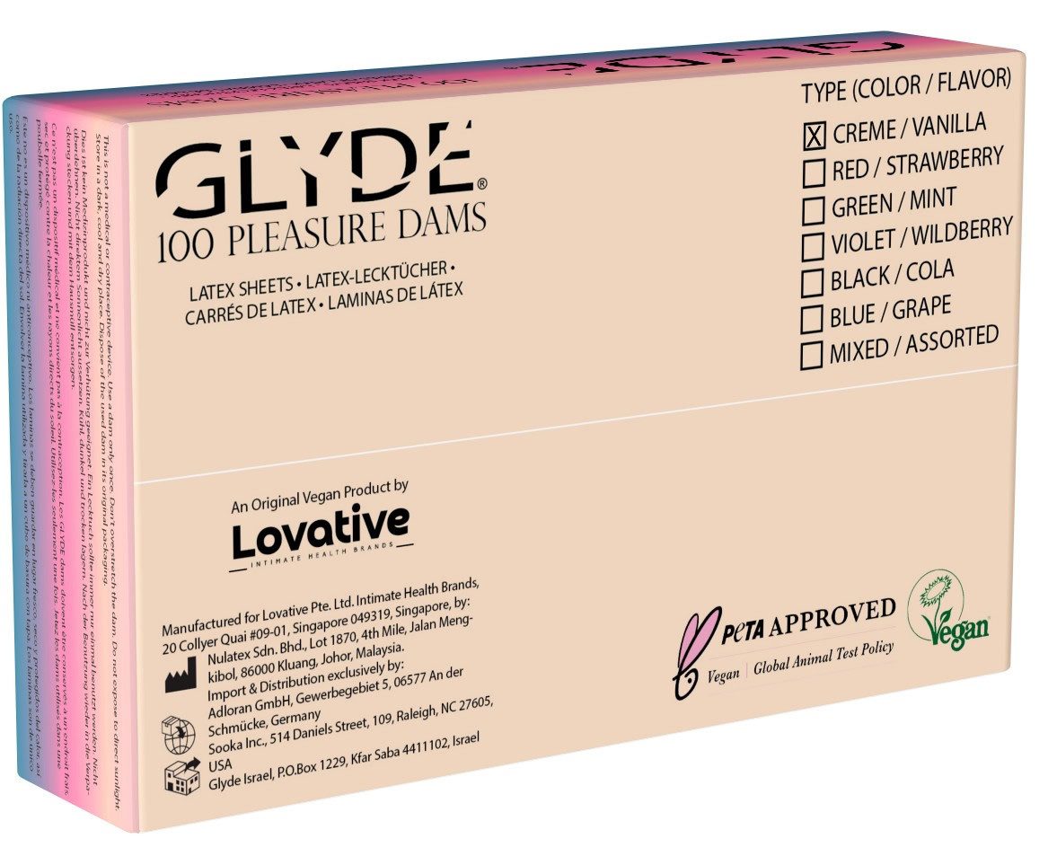Glyde Презервативы Glyde Oral Dental Dams 100 farbige Latex-Schutz- Lecktücher mit Duft Варианты: Creme/Vanilla, 100 St., seidenweiche Latex-Tücher für Oralverkehr, Gelb gefärbt - Lecktücher mit Vanilleduft