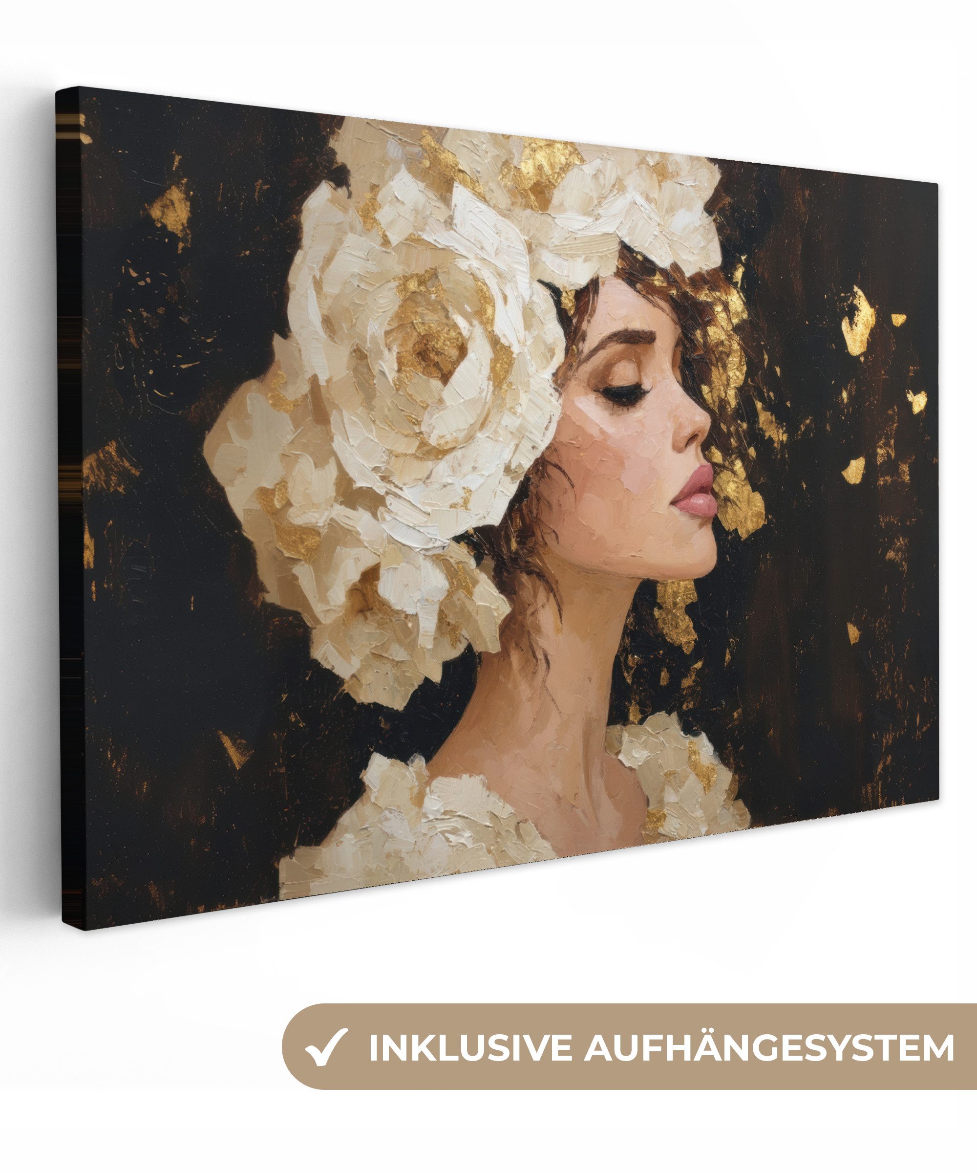 OneMillionCanvasses® Leinwandbild Abstrakt - Frau - Blumen - Weiß, Fotodruck (1 St), Leinwand Bilder Klein, Wand Dekoration Aesthetic 30x20 cm