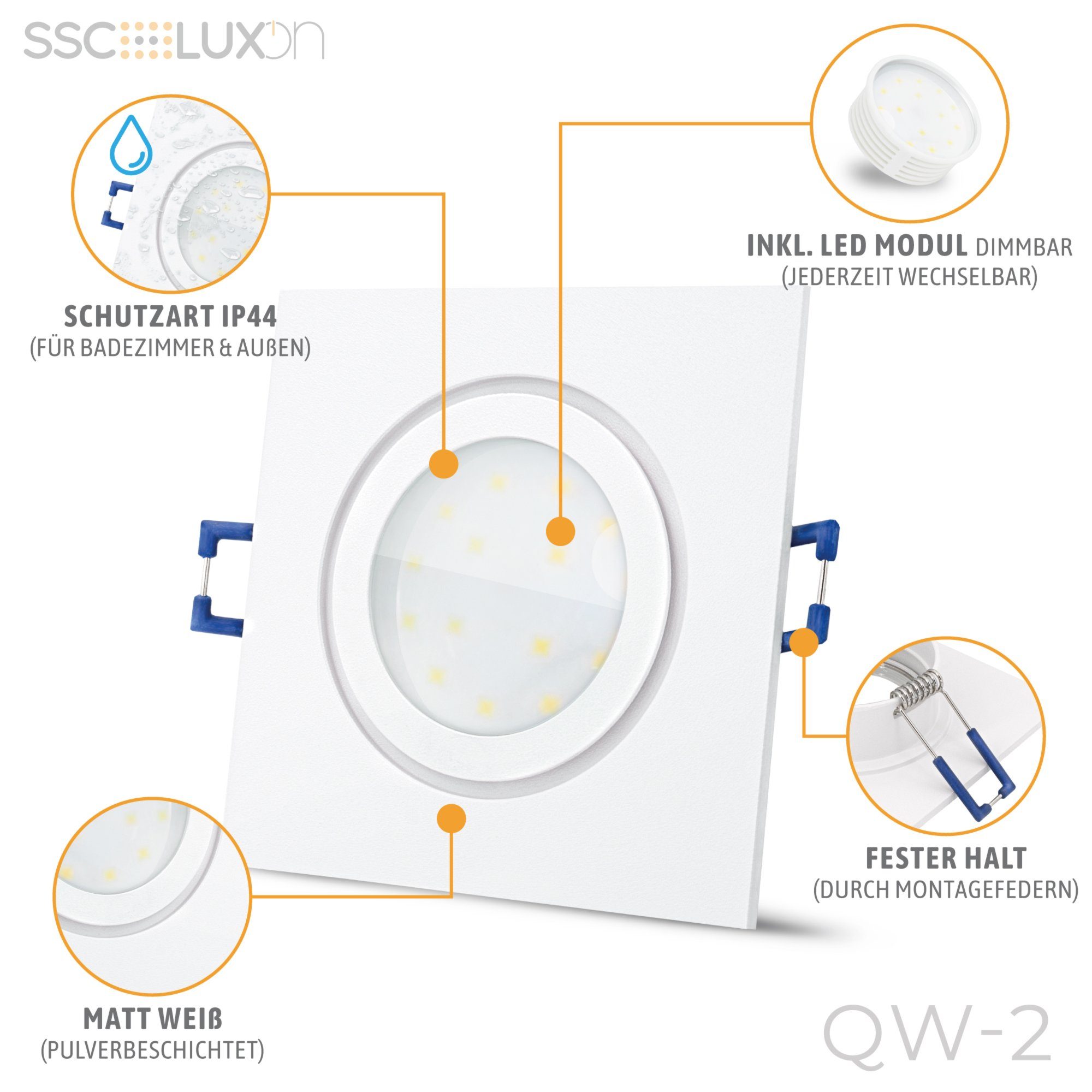 230V, warmweiss Warmweiß Einbauspot mit IP44 LED Außen-Deckenleuchte flach Modul SSC-LUXon QW-2 dimmbar 5W