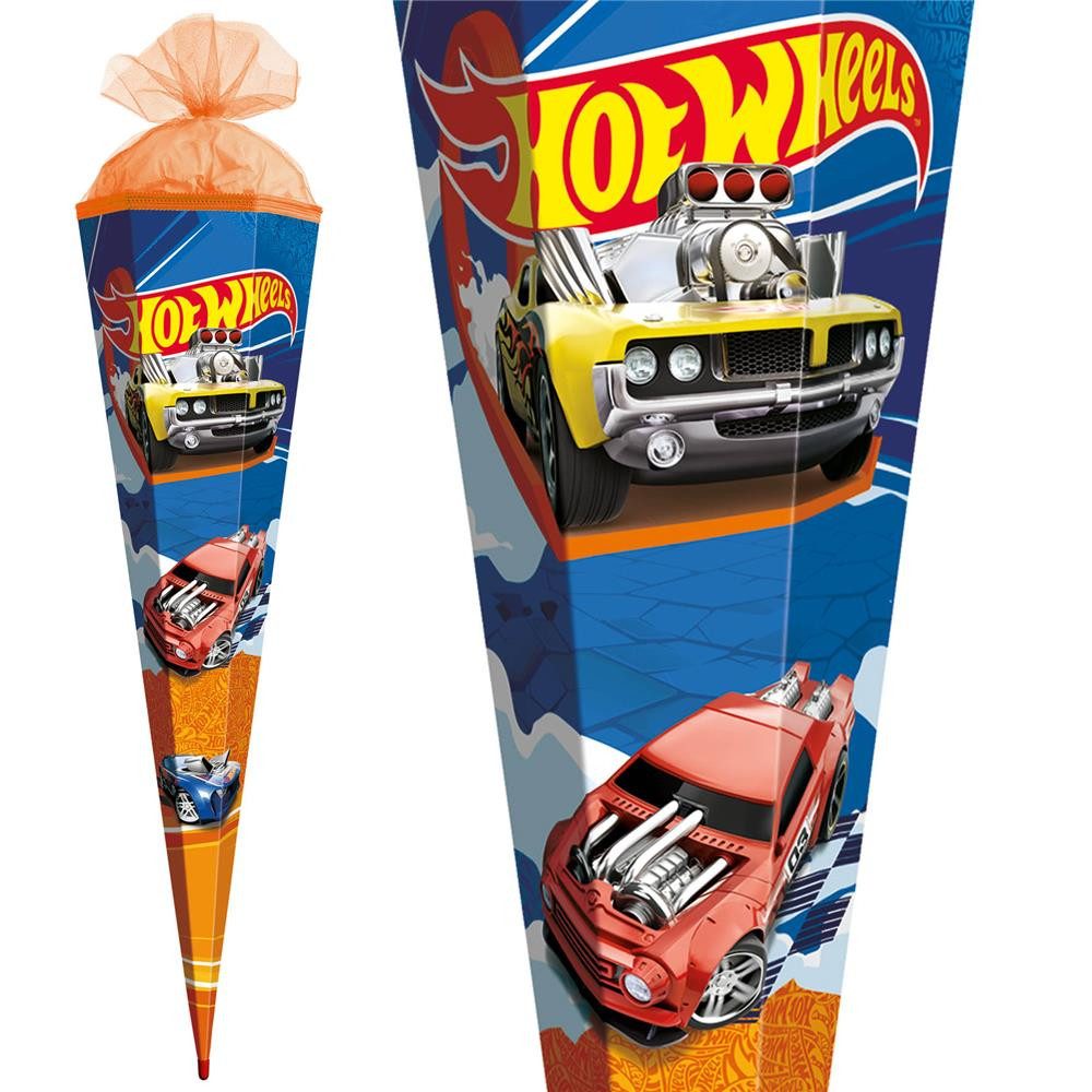 Roth Schultüte Hot Wheels, 85cm, eckig, mit Rot(h)-Spitze und orangefarbigem Tüllverschluss