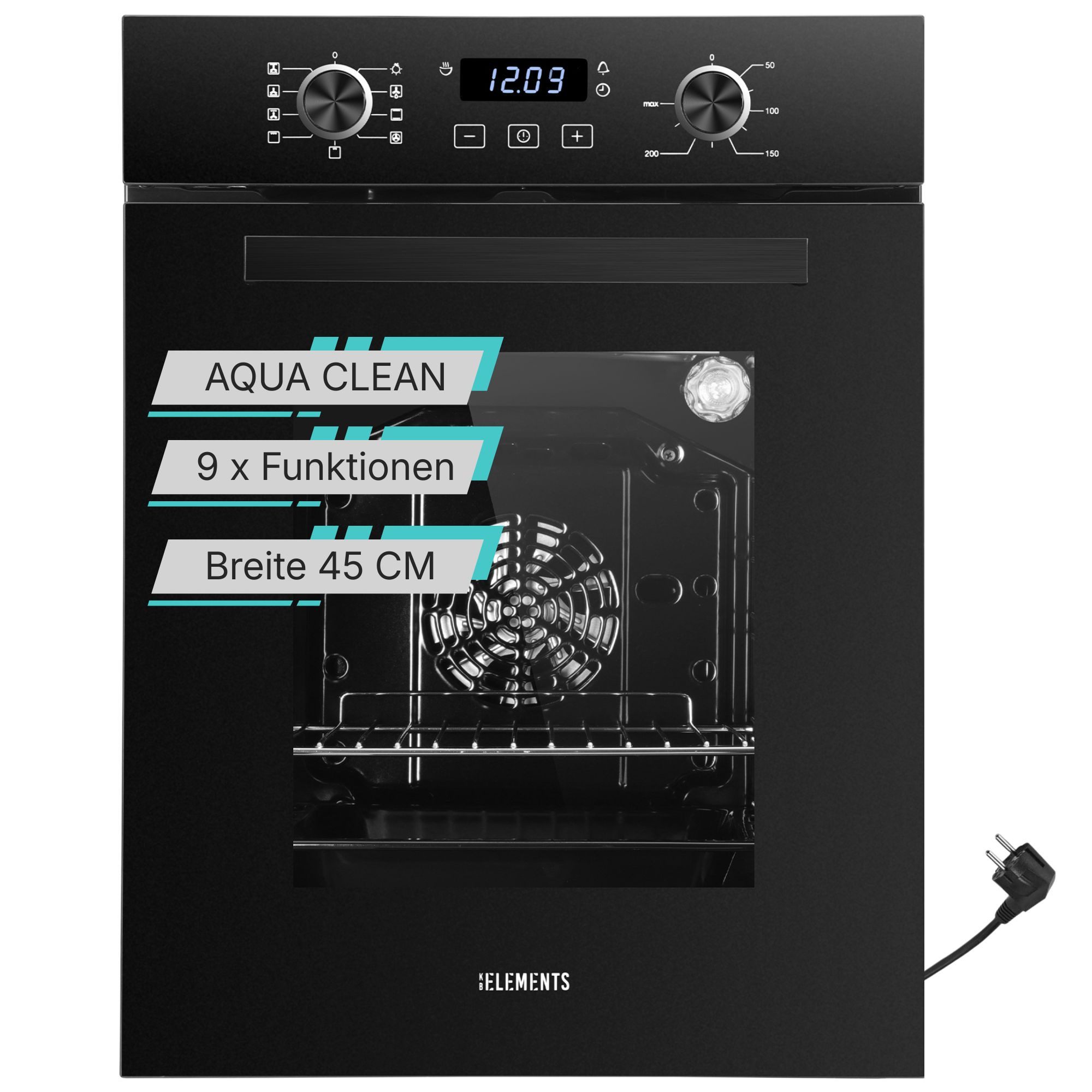 KB Elements Einbaubackofen 45 cm Einbaubackofen 50 Liter 9 Funktionen Aqua Clean Pop-Up A+, AQUA CLEAN, Aqua Clean, Circle Fan Heater, 3 Fach Verglasung