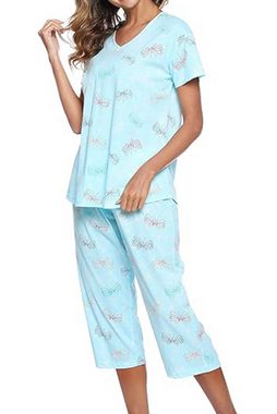 B.X Pyjama Damen gestrickter Baumwolle mit kurzen Ärmeln und kurzen Hosen Pyjama Großes lockeres lässiges Pyjama-Set mit Rundhalsausschnitt zweiteilig