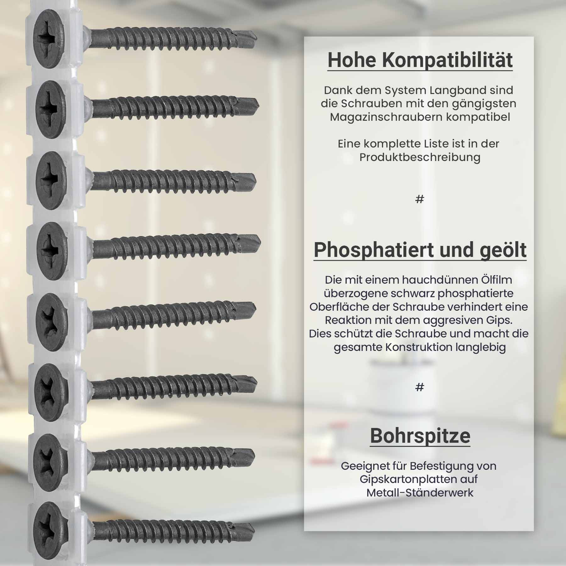 SCREWREBEL Schnellbauschraube Schnellbauschraube mit Bohrspitze und Feingewinde, magaziniert, (1000 St), kein Vorbohren erforderlich,für Magazinschrauber,schnelle Verarbeitung