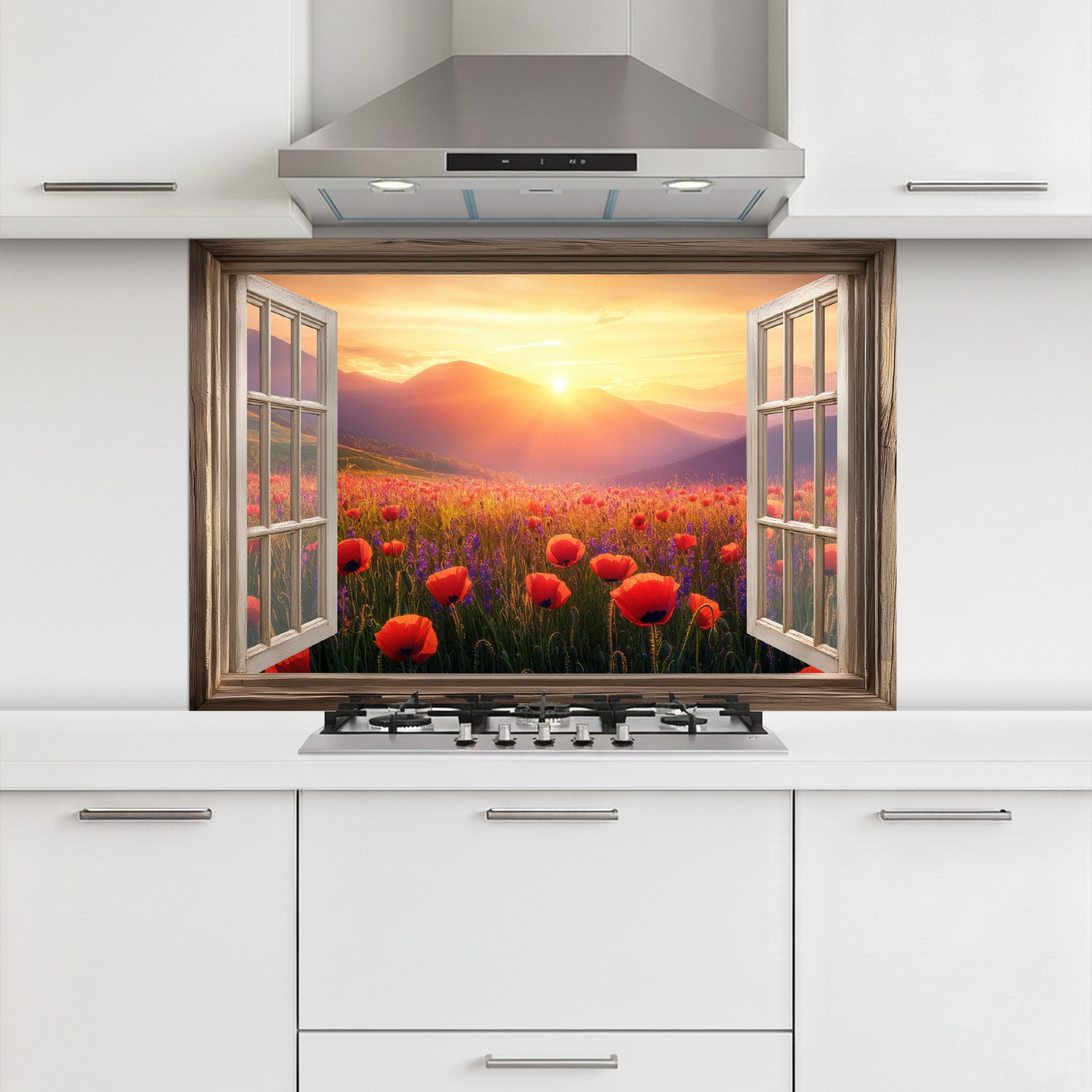 KitchenYeah Küchenrückwand selbstklebend (keine Folie) Durchsichtig - Mohnblumen - Blumen - Rot -, (1-tlg), Spritzschutz Küchenrückwand, Wandschutz, 120x80 cm