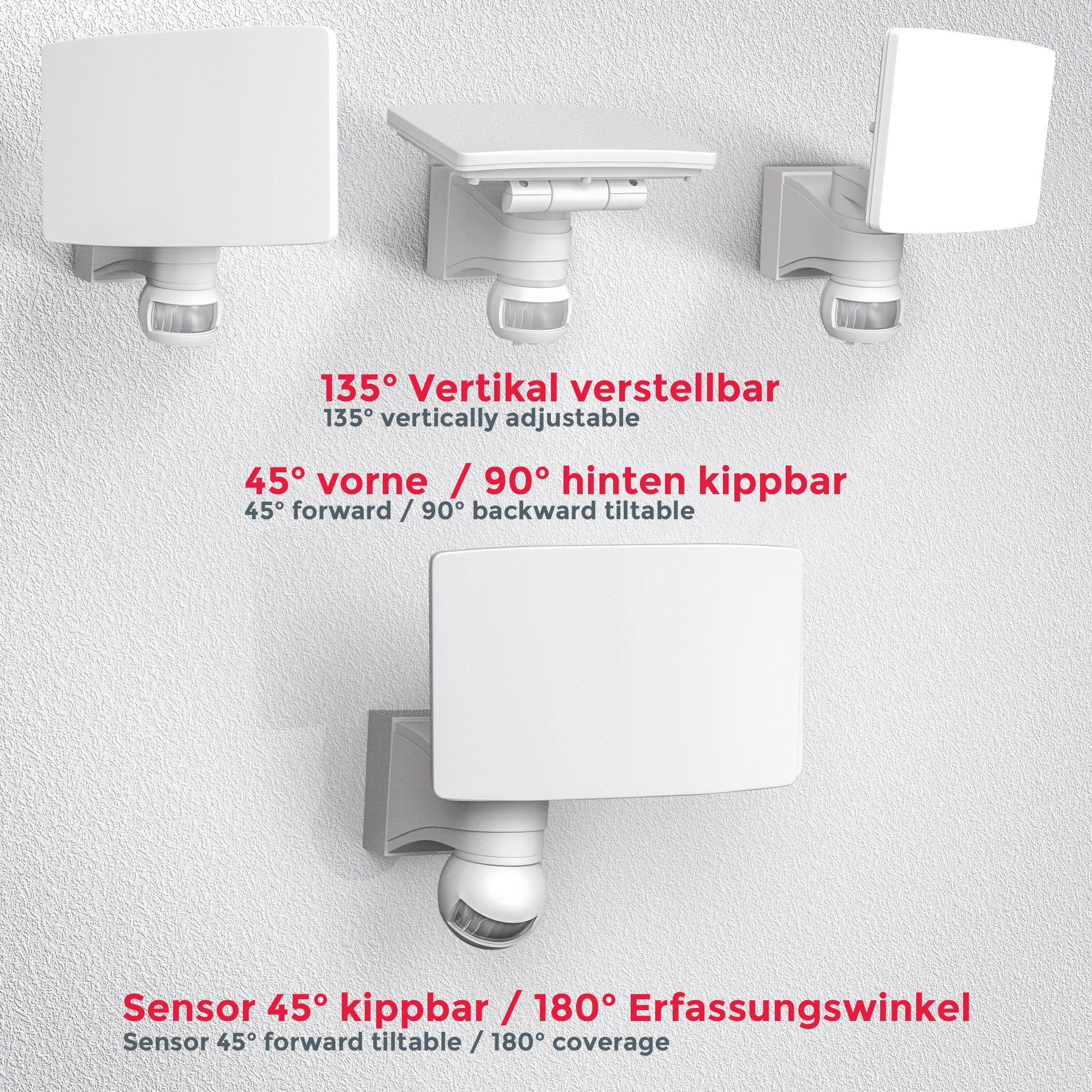 B.K.Licht Außen-Wandleuchte BK_AS1290 LED Außenleuchte LED IP44, Wandlampe, IP44-Spritzwasserschutz Weiß, integriert, 2.300 neutralweißes Lm, mit Bewegungsmelder, 20W, Neutralweiß, 4.000K fest Licht