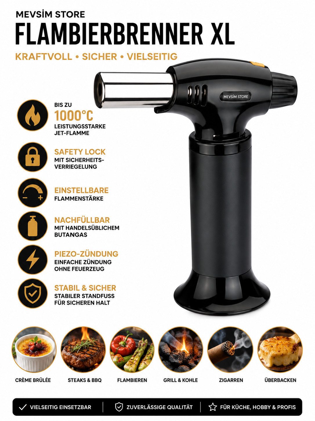 Brise Home Flambierbrenner Butangasbrenner mit Safety Lock, nachfüllbar, 1000°C, (1-tlg., 1-teiliges Set), Leistungsstarke Jet-Flamme bis 1000 °C, stufenlos regulierbare Flamme