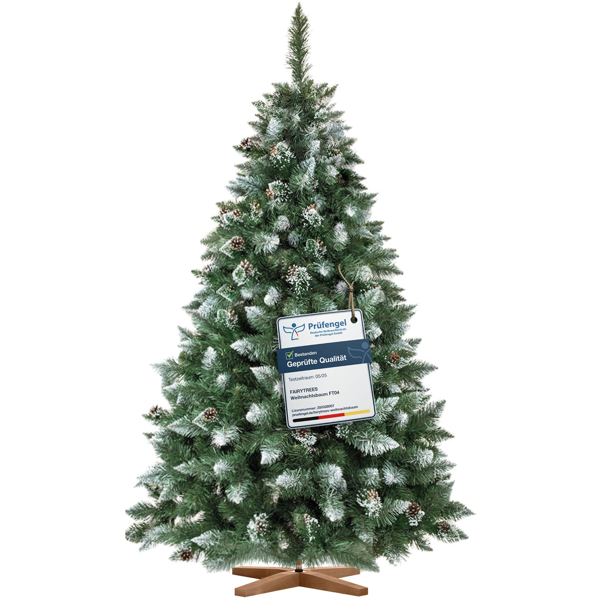 Fairytrees Künstlicher Weihnachtsbaum FT04, Kiefer Natur-Weiss beschneit, mit echten Tannenzapfen und Echtholz Baumständer