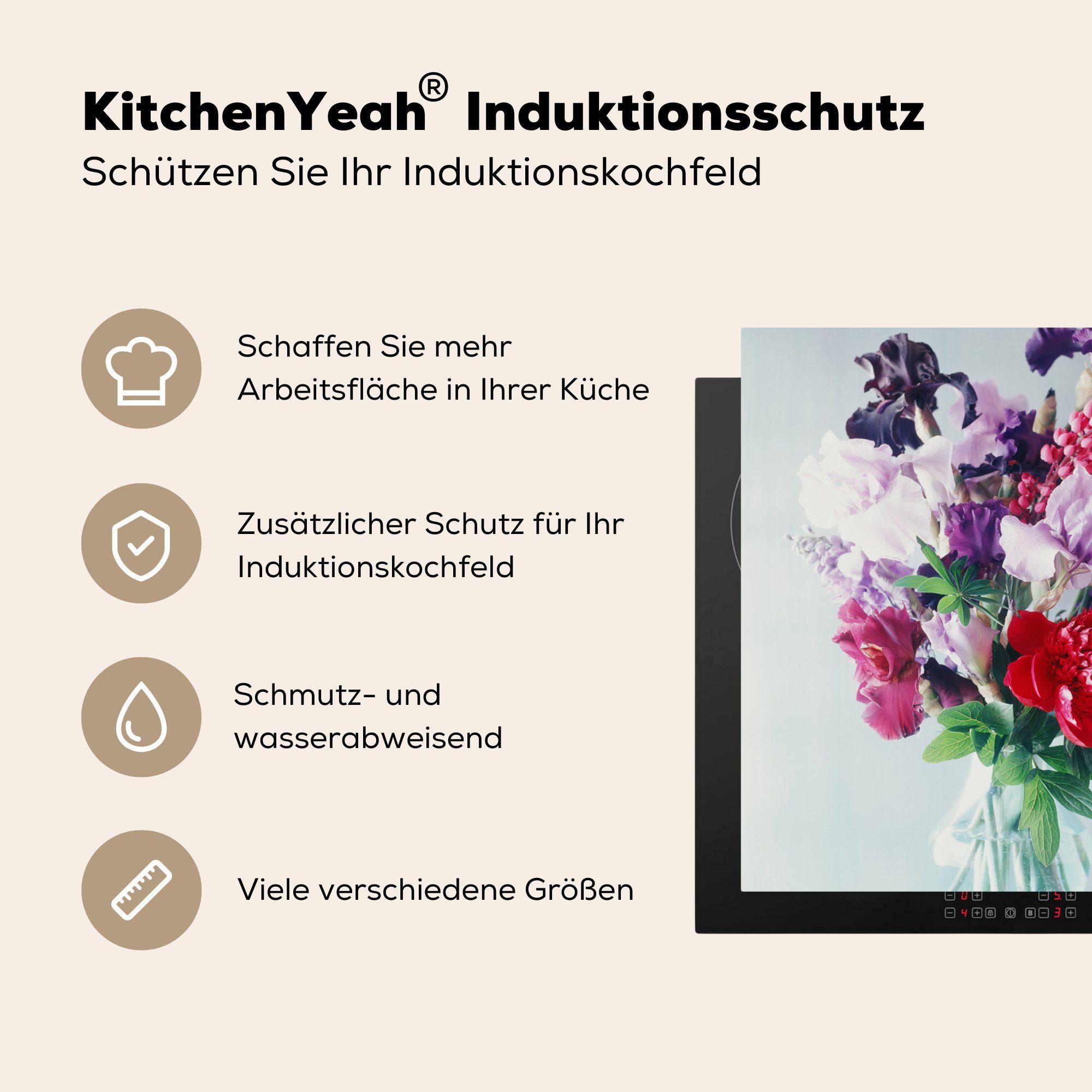 Vinyl, (1 - Blumen küche Arbeitsplatte 78x78 MuchoWow - Vase, Herdblende-/Abdeckplatte Ceranfeldabdeckung, tlg), Farben cm, für