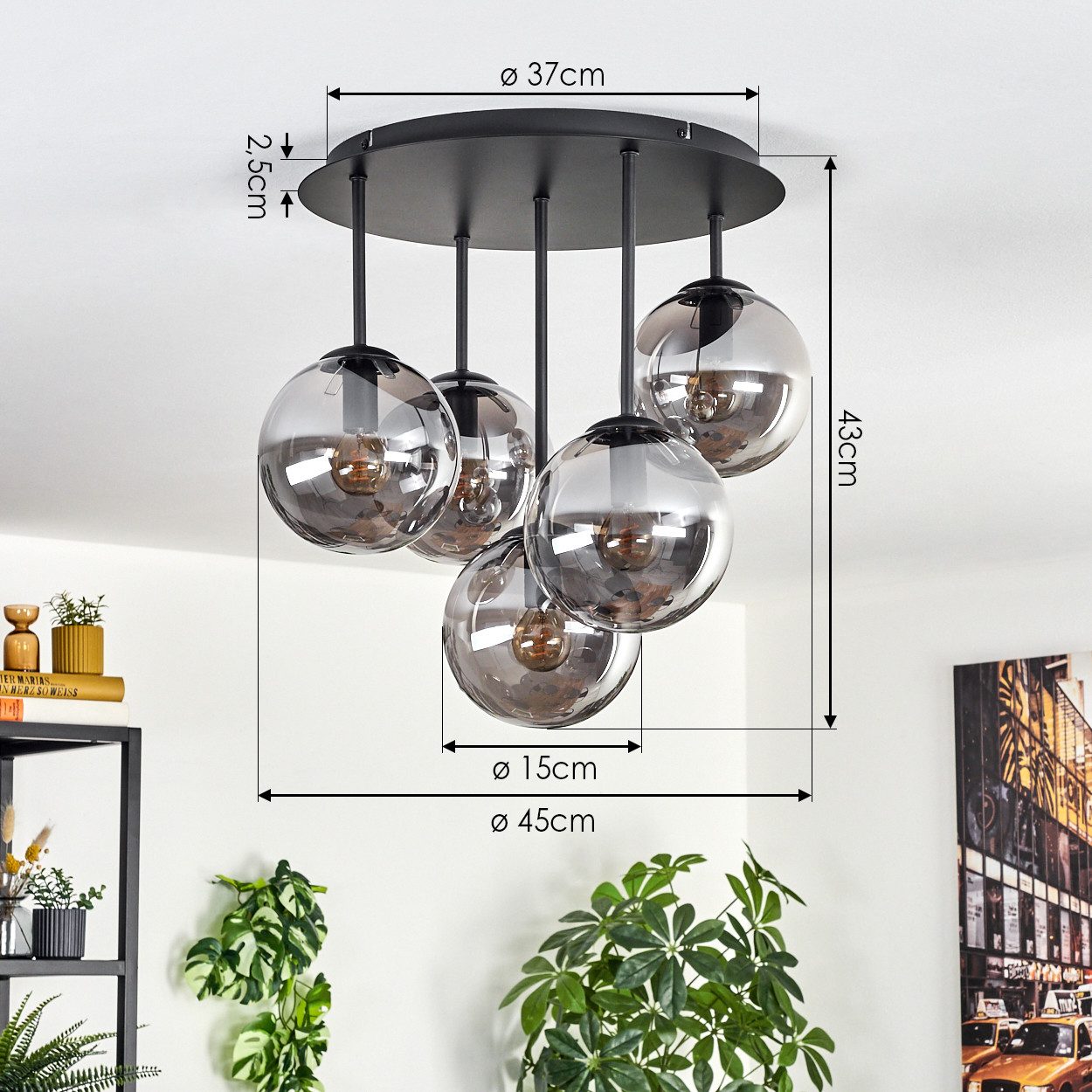 hofstein Deckenleuchte Deckenlampe aus Metall/Glas in Schwarz/Rauchfarben, Deckenleuchte im Retro/Vintage-Design (Schirme Ø 15 cm), 5 x E14 – Bild 4 von 5