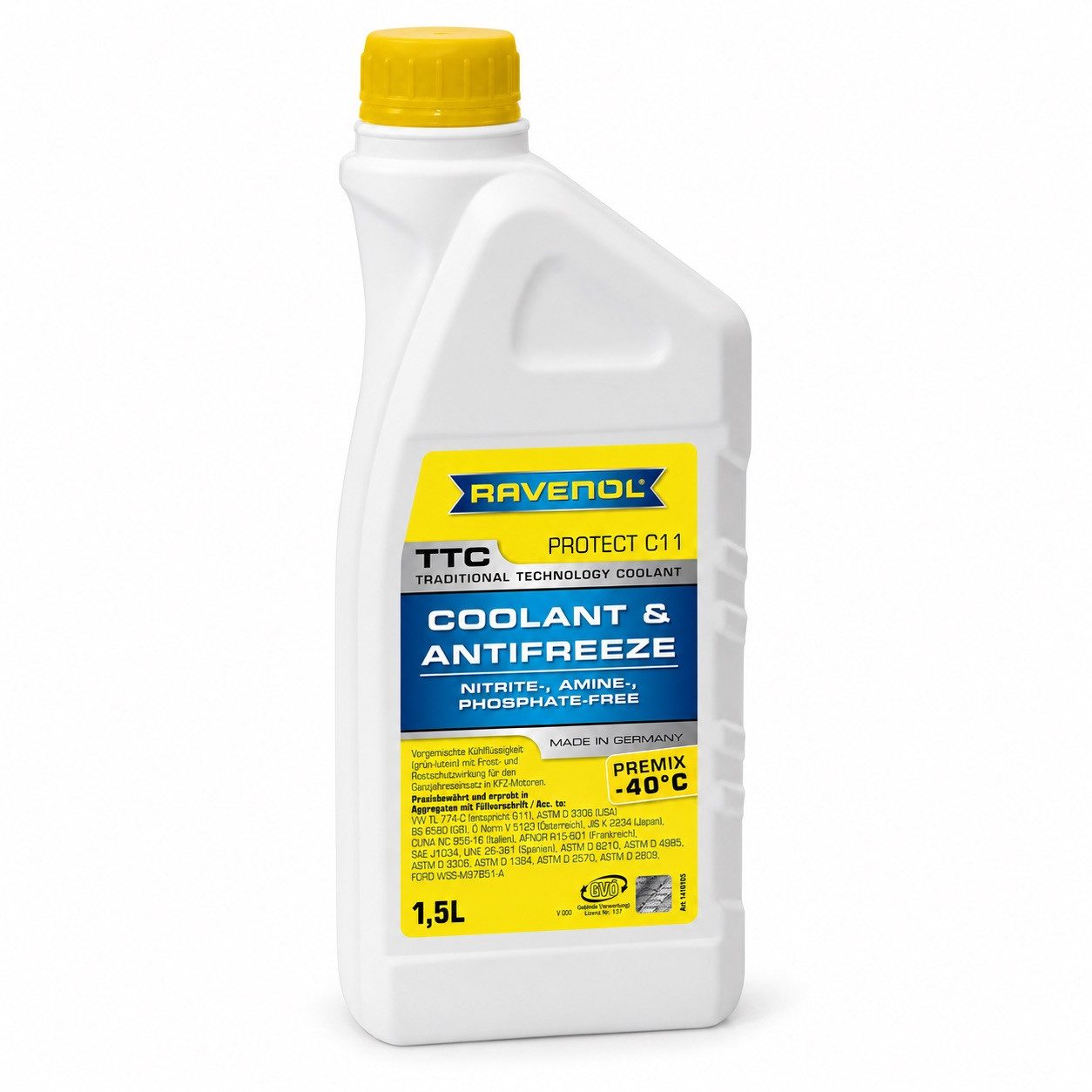 Ravenol Kühlerfrostschutz TTC Premix -40°C Protect C11 Kühlmittel G11 Fertigmischung, 1,5 l, Kühlmittel Premix – C11 / G11 – Frostschutz bis -40 °C