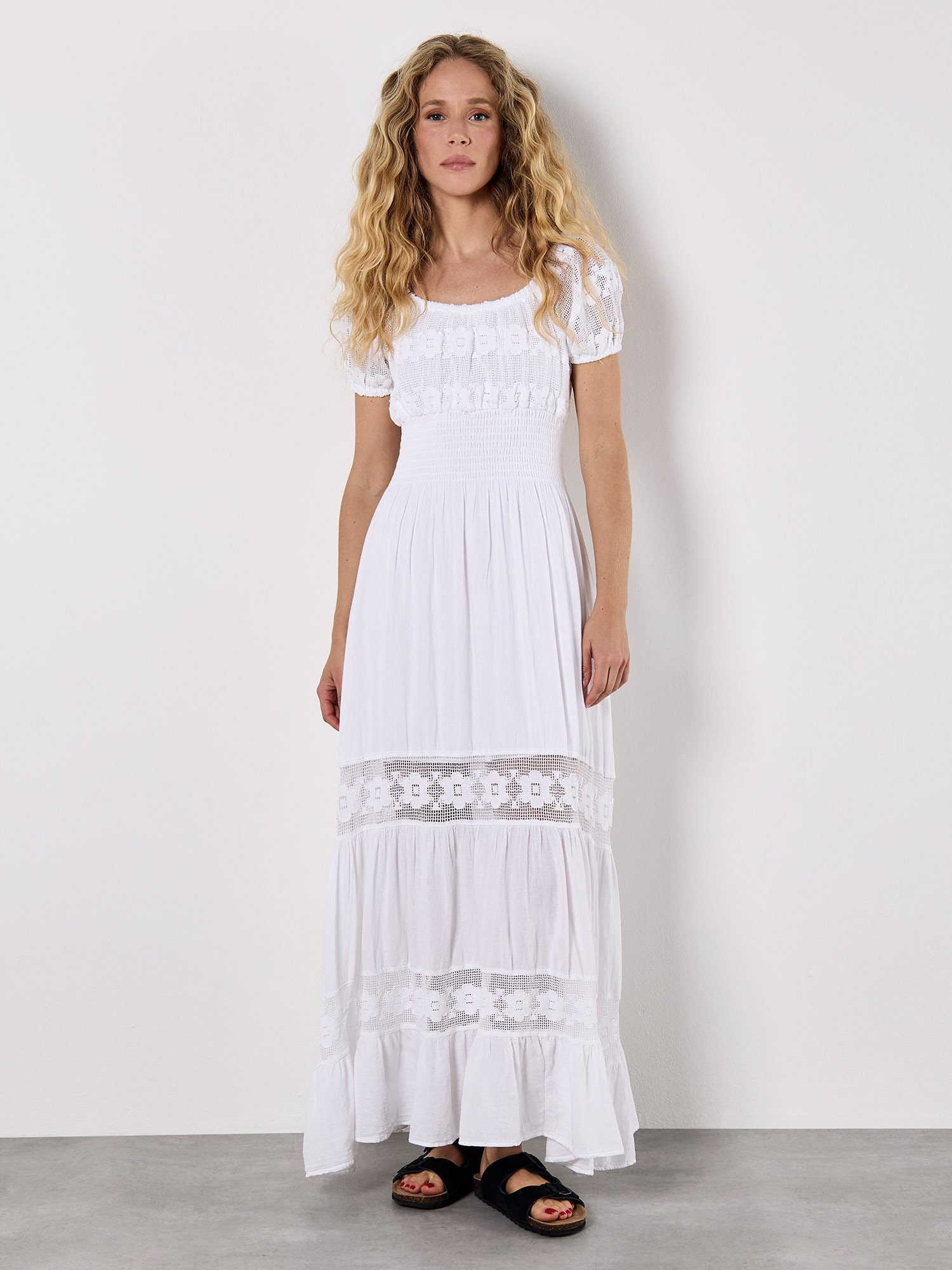 Apricot Maxikleid Maxikleid im Milchmädchen-Stil mit Blumen-Spitze