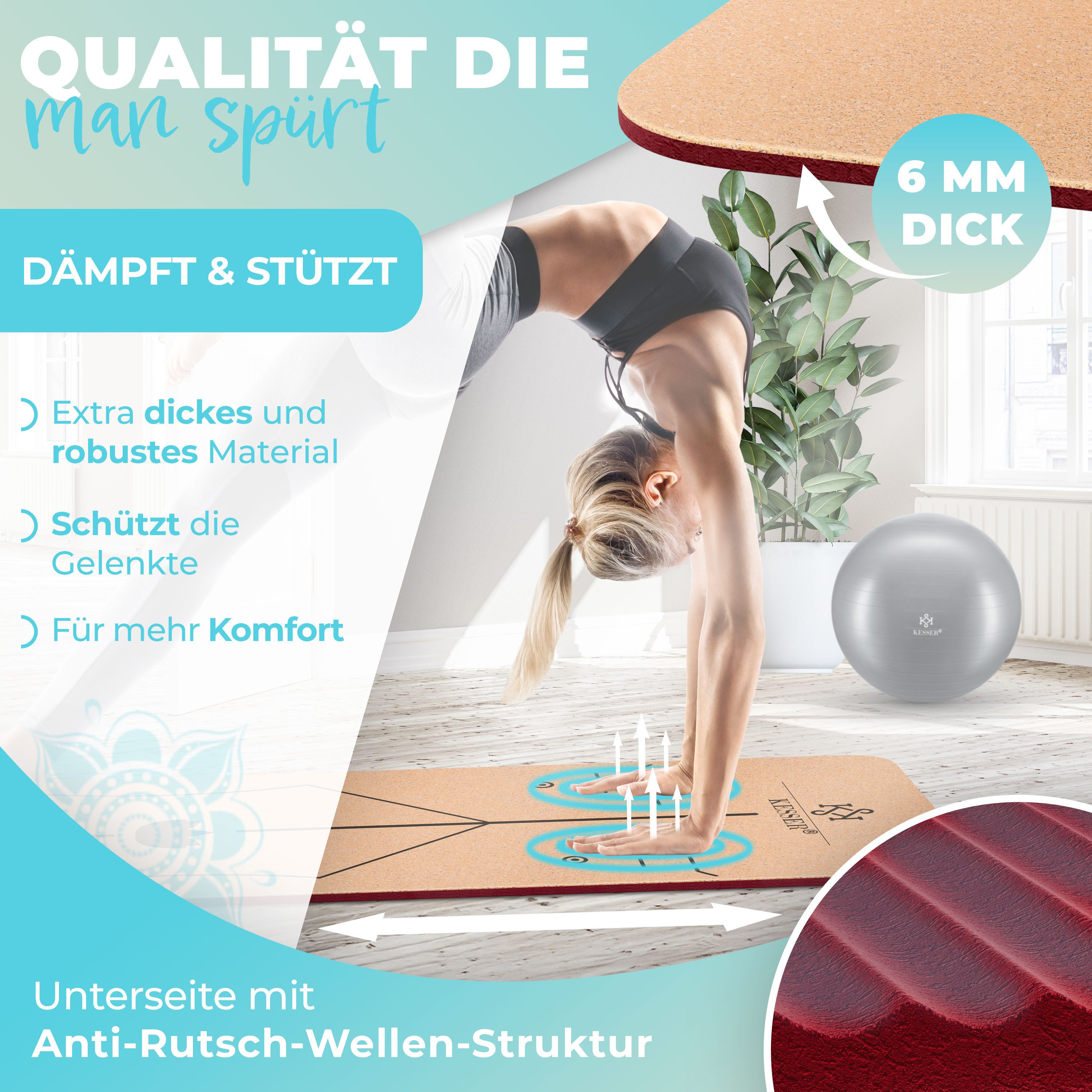 KESSER Yogamatte, Fitnessmatte Kork mit Tragegurt & Tasche Gymnastikmatte Trainingsmatte