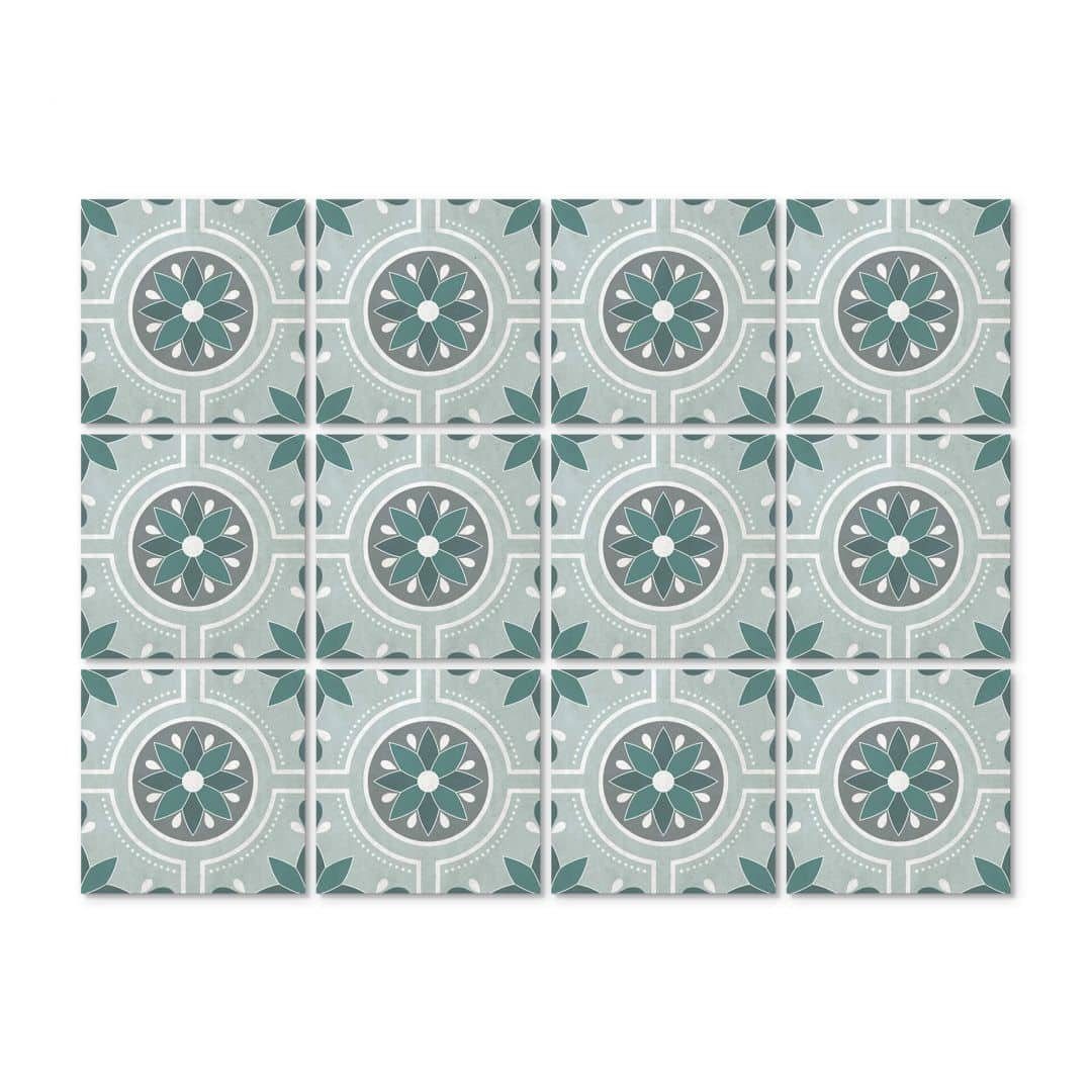 K&L Wall Art Fliesenaufkleber Blume im Kreis, Landhaus, geometrisch, grün, selbstklebend, 12er Set