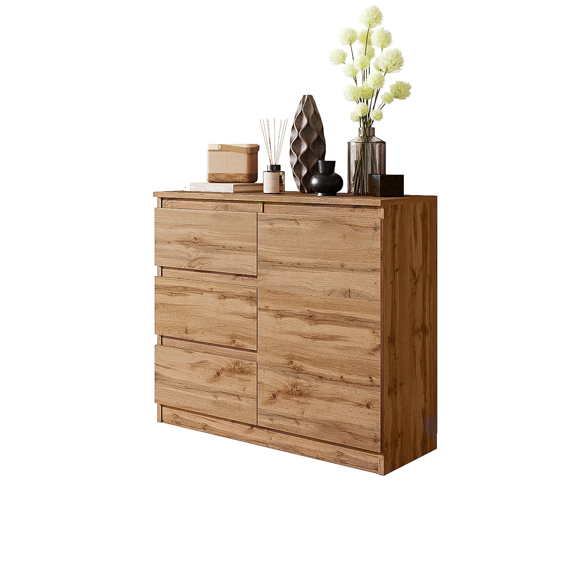 Furnica Kommode Wotan Eiche 80 cm mit 3 Schubladen und 1 Tür - Wohn- und Schlafzimmer