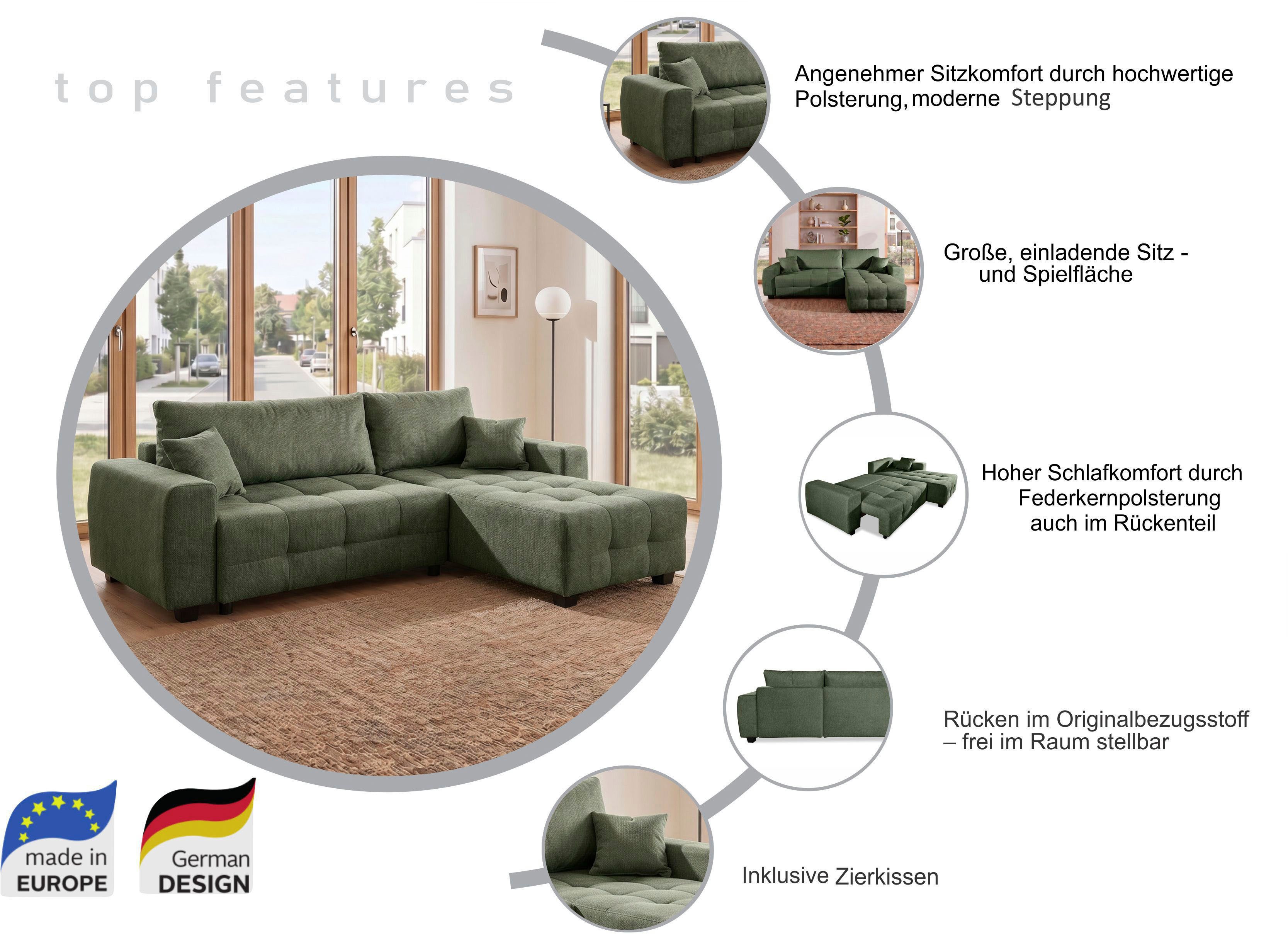 OTTO home Ecksofa Bella Couch L-Form, B: 234 cm - OTTO. Verlässliche Qualität., mit Schlaffunktion, Bettkasten & Zierkissen