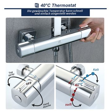 aihom Duschsystem mit Thermostat Regendusche eckig Duscharmatur Duschset Dusche, inkl. ABS Handbrause, Edelstahl Duschstange