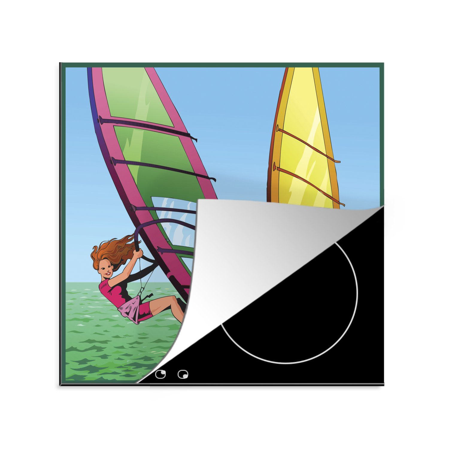 MuchoWow Herdblende-/Abdeckplatte Eine Illustration von zwei Personen beim Windsurfen, Vinyl, (1 tlg), 78x78 cm, Ceranfeldabdeckung, Arbeitsplatte für küche