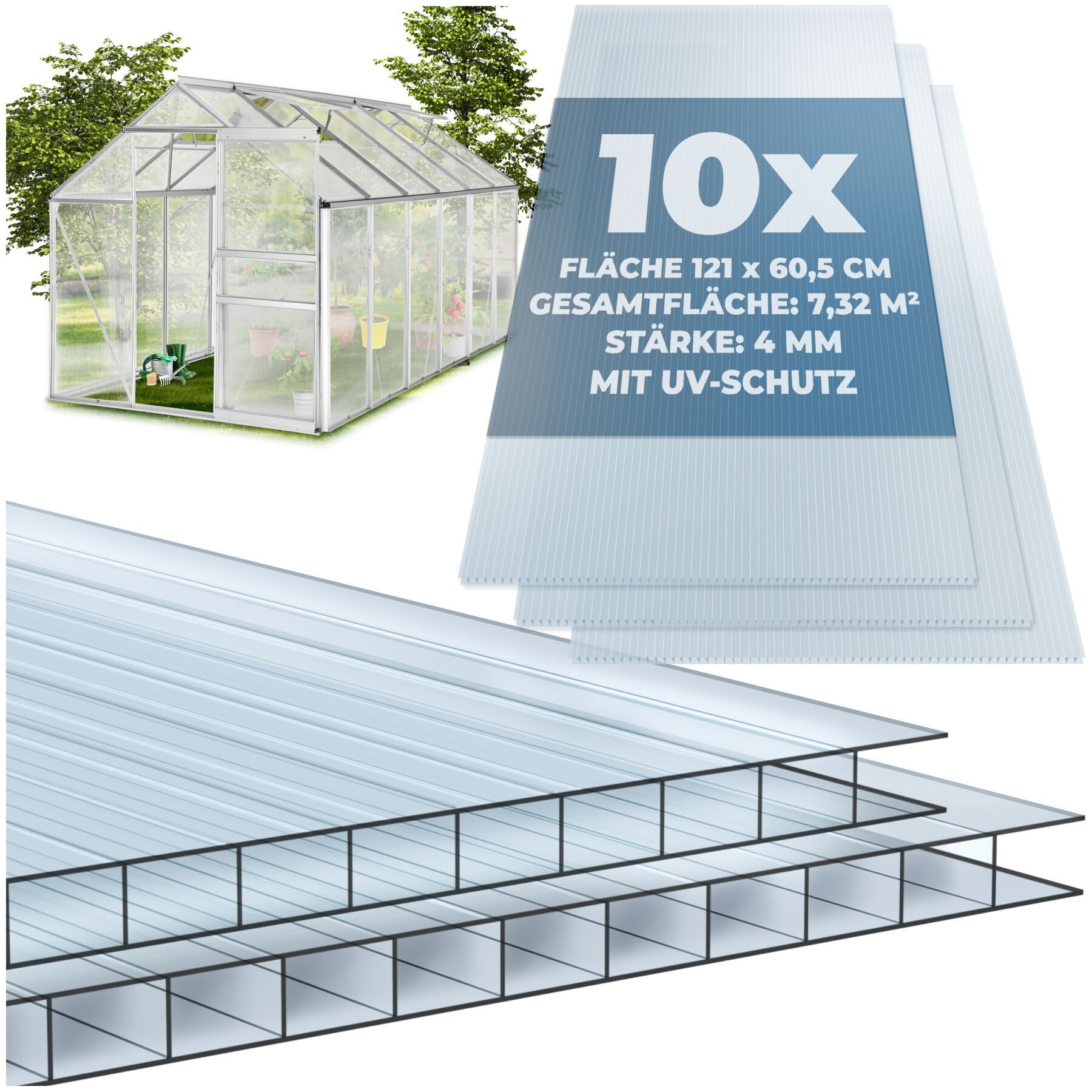 tectake Doppelstegplatte Hohlkammerplatten, UV-beständig, 121 x 60,5 x 0,4 cm je Platte, 0,4 mm, (Polycarbonat Stegplatten Shiny, 10-St., 7,32 m² Gesamtfläche), lichtdurchlässig, wärmedämmend, temperaturresistent, robust