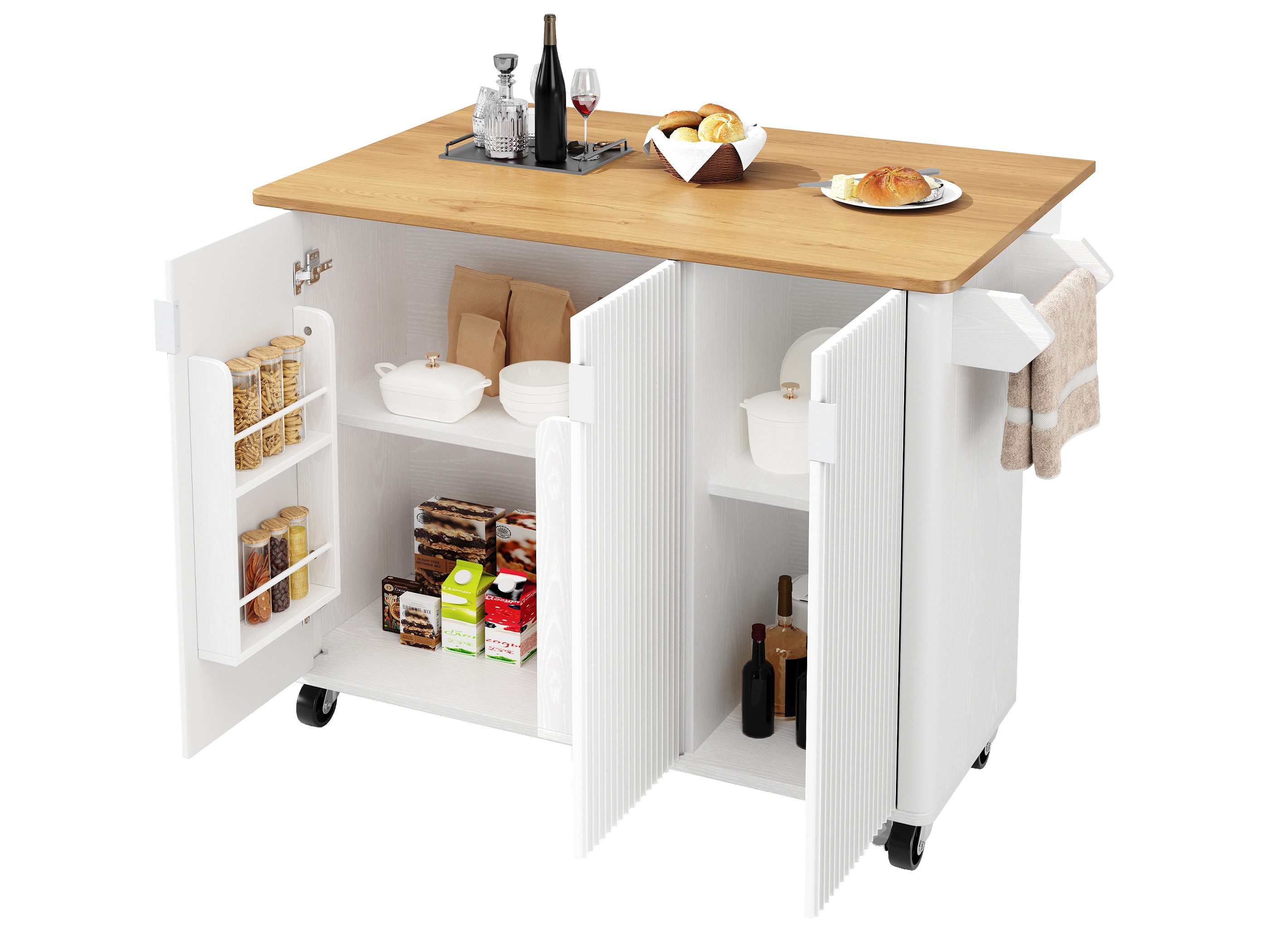 SeedWave Küchenwagen Moderne Kücheninsel auf Rollen, Klappbare Tischplatte, Handtuchhalter, Servierwagen inkl. 4× Staufächer, 2 höhenverstellbare Einlegeböden