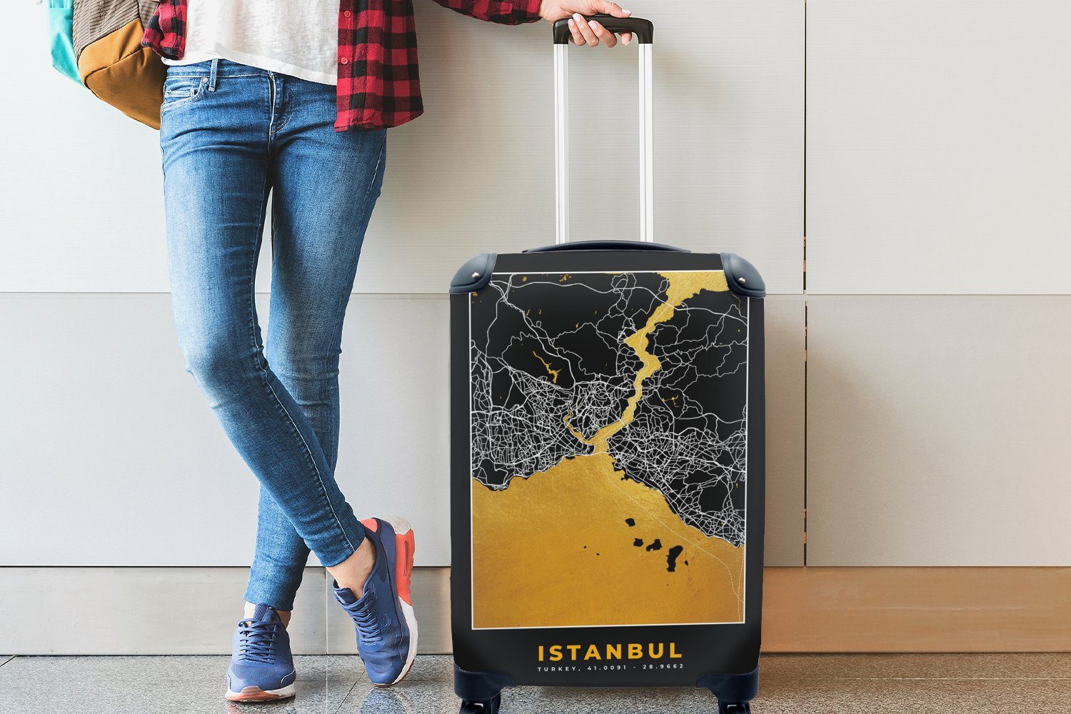 MuchoWow Handgepäckkoffer Istanbul - Stadtplan Handgepäck - für Reisetasche - Ferien, mit Gold Karte, 4 Trolley, Rollen, rollen, Reisekoffer - Karte