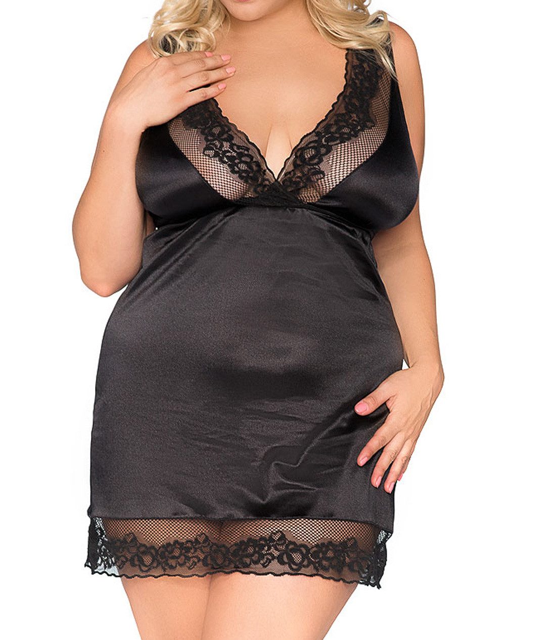Negligé Damen XXL Dessous Satin Chemise Negligee schwarz erotisches Nachtkleid