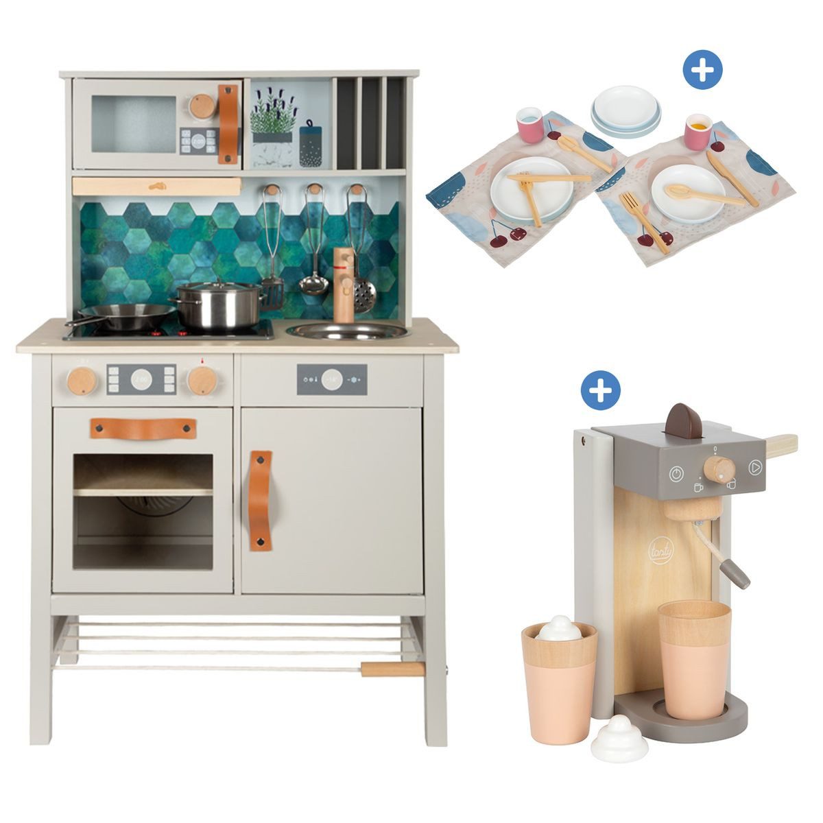 Small Foot Spielküche Tasty - Grau Holz, Kinder Spielküche Kinderküche Set mit Geschirr & Kaffeemaschine