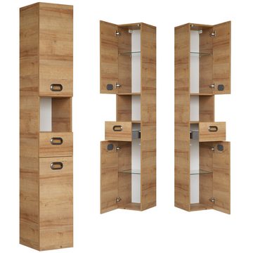 Lomadox Badmöbel-Set TAUPO-66, (Spar-Set, 5-St), mit LED-Spiegelschrank in Riviera Eiche Nb. 150/200/33 cm