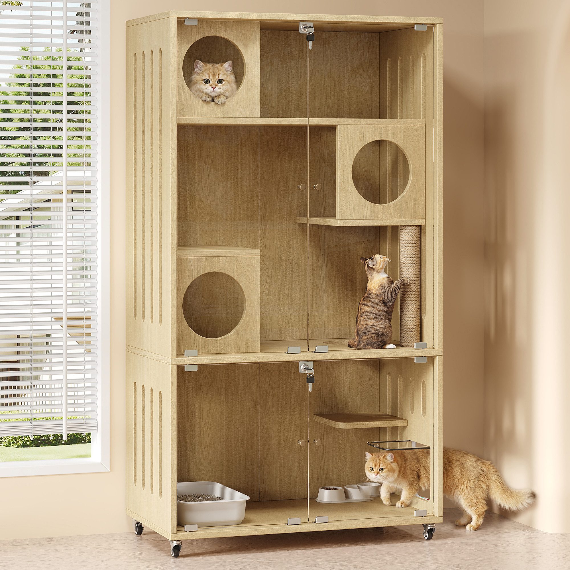 Flieks Katzenhaus Mobiler Katzenkäfig Katzenvilla mit Schlüsselverschluss & Rollen, Tierhaus mit Glas-Doppeltüren, Dreischichtiger Käfig Holzoptik Natur