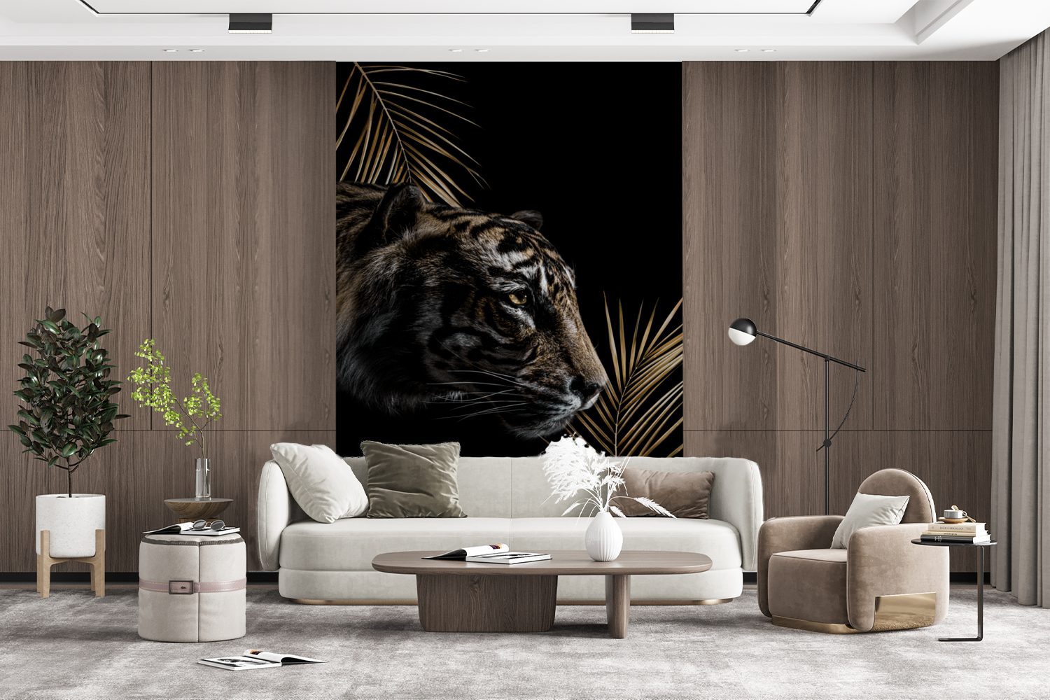 (3 Tiger - - bedruckt, Matt, Pflanzen, St), Wohnzimmer, Fototapete Tapete Montagefertig Wandtapete Seitenansicht MuchoWow Vinyl für