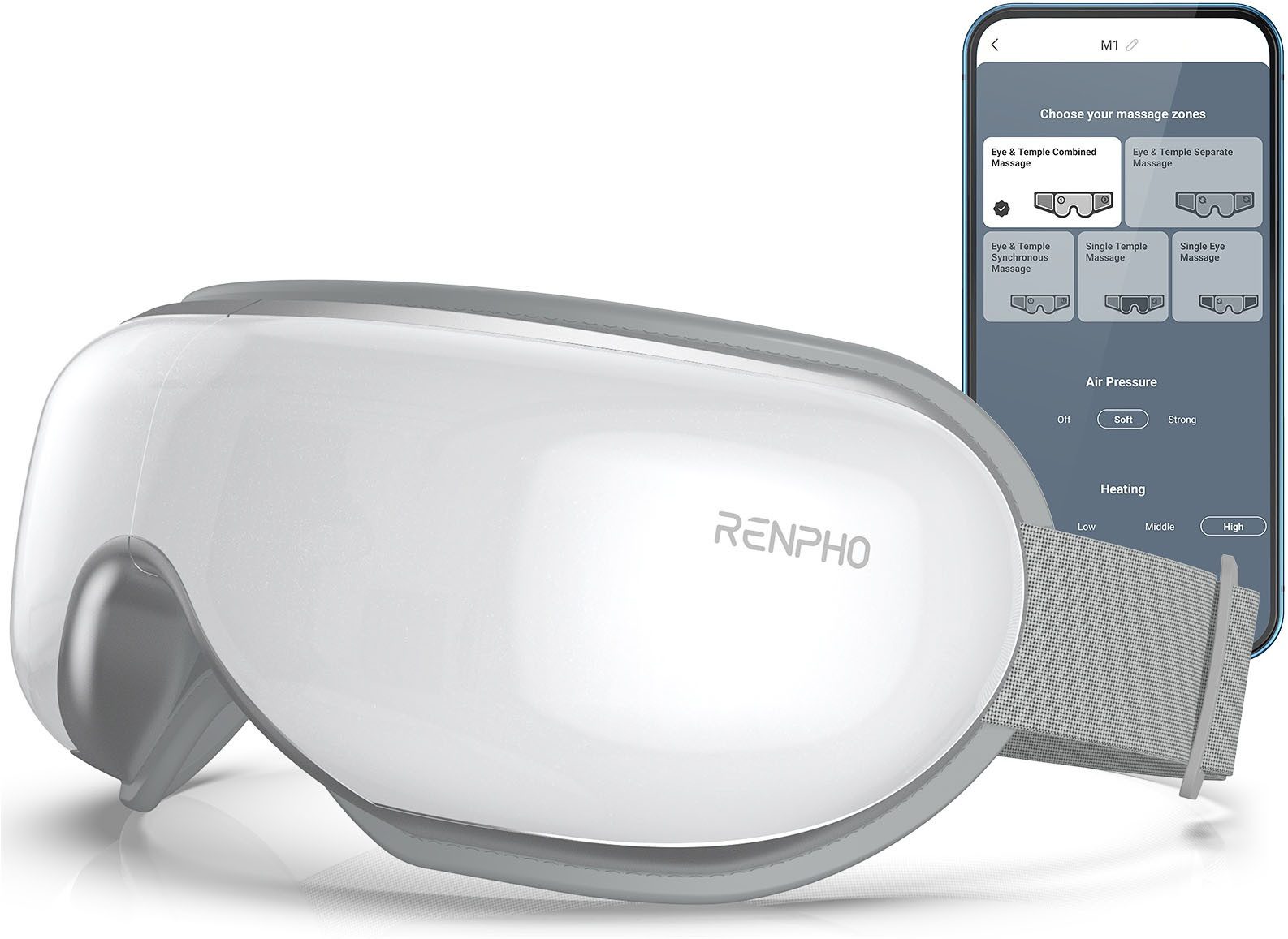 RENPHO Gesichtsmassagegerät Eyeris Smart, Luftdruck, Wärme, Vibration, 5 Modi, DIY, App, Lautsprecher, Akku