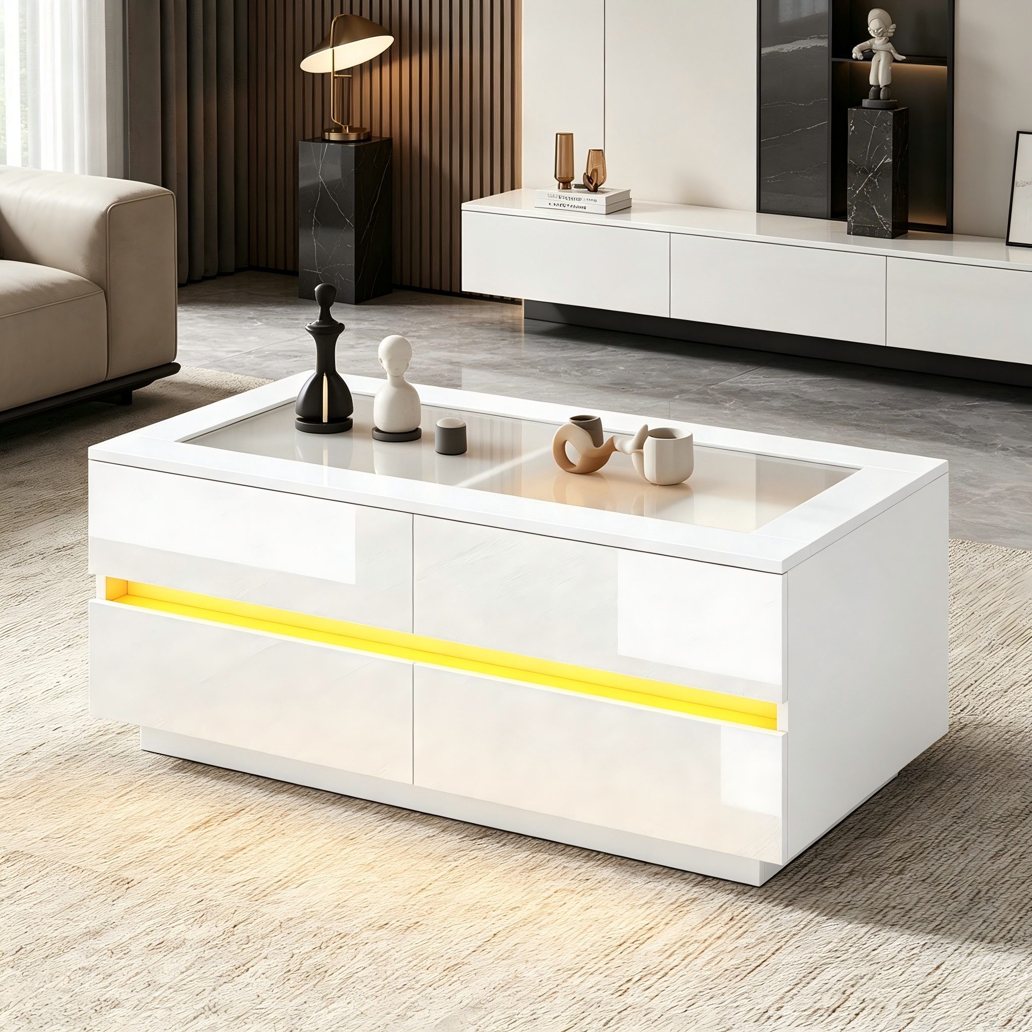 Merax Couchtisch hochglanz Sofatisch Beistelltisch mit LED-Beleuchtung (95x45x35 cm, 1-St), Wohnzimmertisch mit 4 Schubladen, gehärteter Glasplatte & Stauraum – Bild 3 von 5