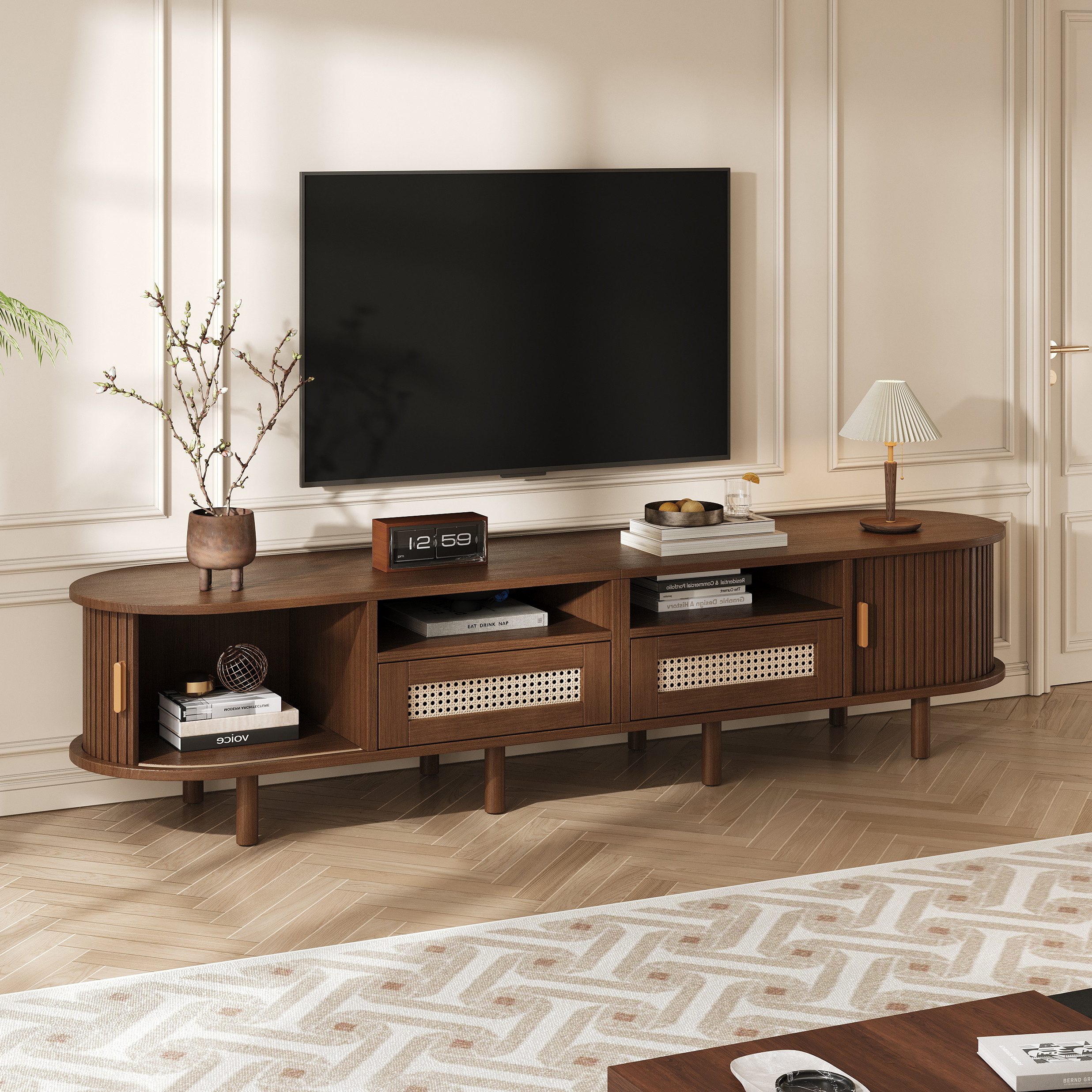 OKWISH Lowboard Ovaler TV-Ständer (TV-Board und TV-Kommode, 1 St., mit 2 Rattan Design Schubladen,2 Schiebetür), Fernsehtisch bis zu 70 Zoll