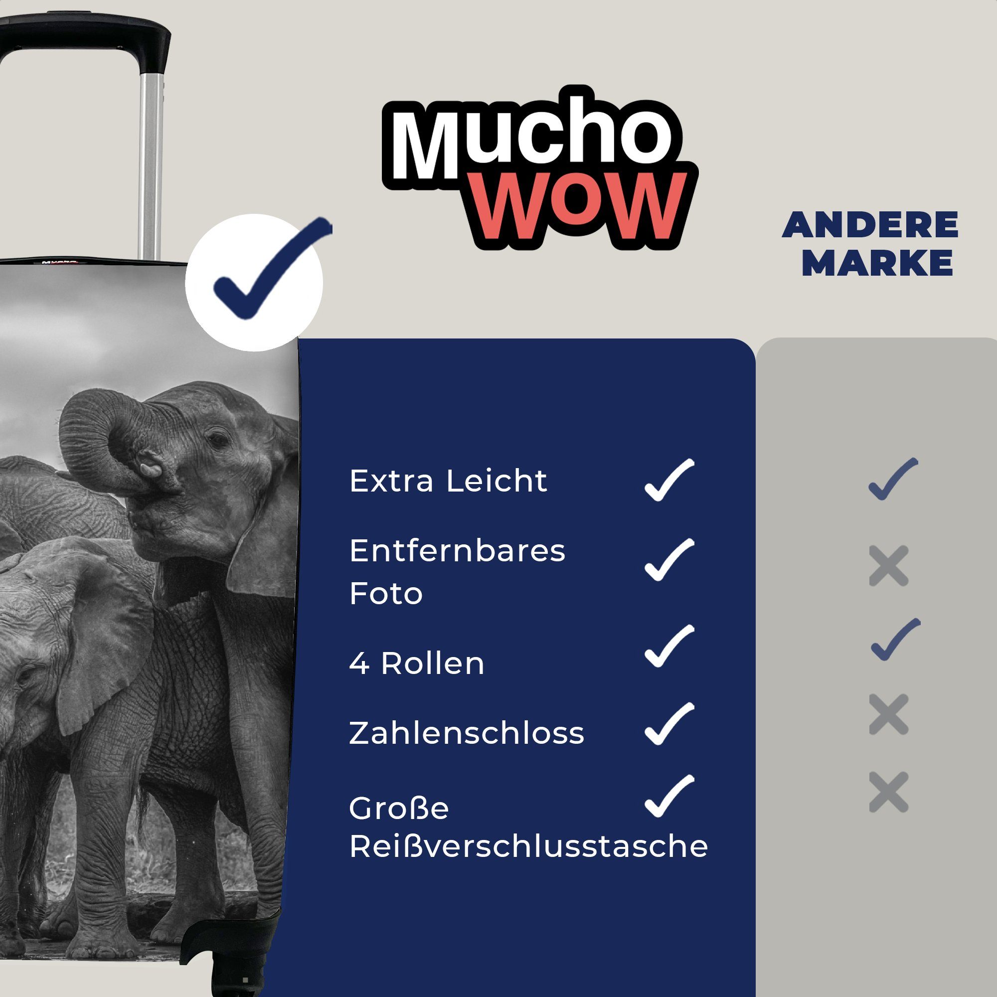 MuchoWow Handgepäckkoffer Elefant - Ferien, und Wasser 4 für - Trolley, rollen, Tiere mit - weiß, Reisekoffer Schwarz Handgepäck Reisetasche Rollen