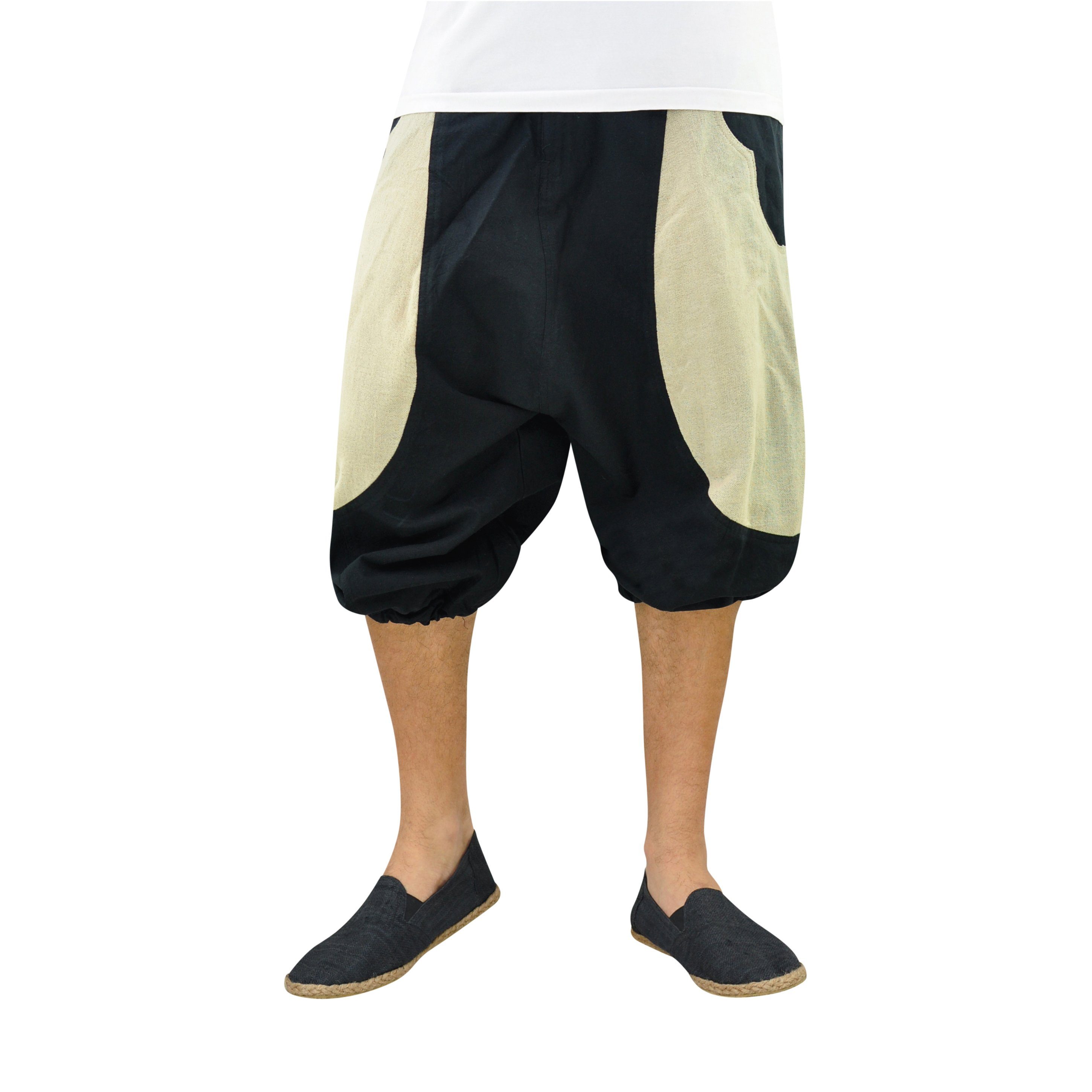 Damen, schwarz fallender Unisex, & Goa Haremshose kurz Farbblock-Design, virblatt Shorts mitteltief Reißverschlusstaschen Haremshose Hose 2 Schritt, kurze Herren