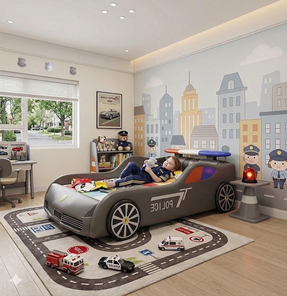 Xlmoebel Autobett Graues Kinderbett im Polizeiauto-Design mit LED-Beleuchtung, Made in Europa