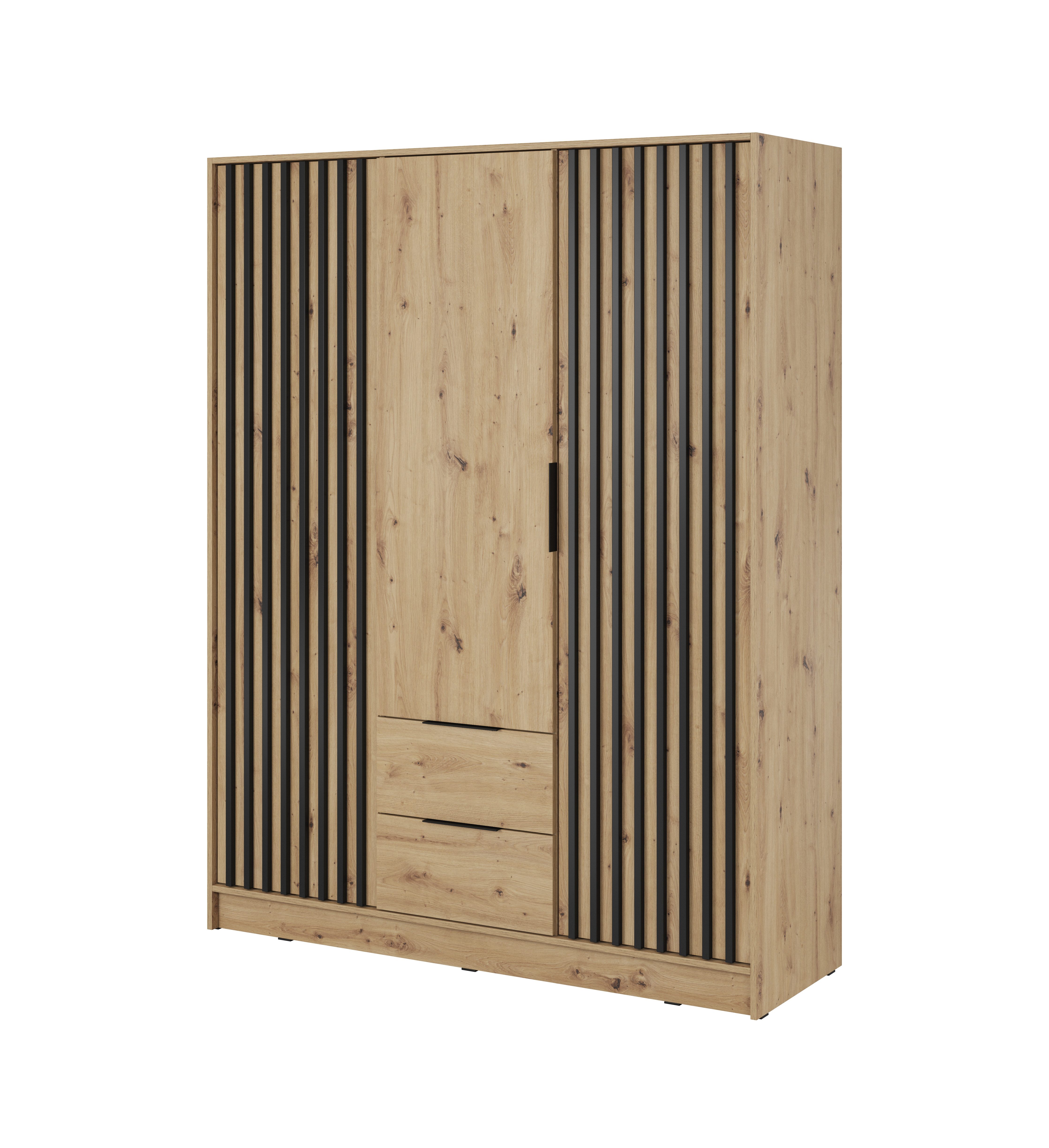 MOEBLO Kleiderschrank JOHN (Latten aus Holz, Loft Stil IndustrieSchrank Aufbewahrungsschrank (Spannstange) mit Regalböden Spannstange & 2 Schubladen, Industrieschrank für Schlafzimmer, Schlafzimmerschrank mit 2/3/4 drehbaren Türen, 2 Schubladen)