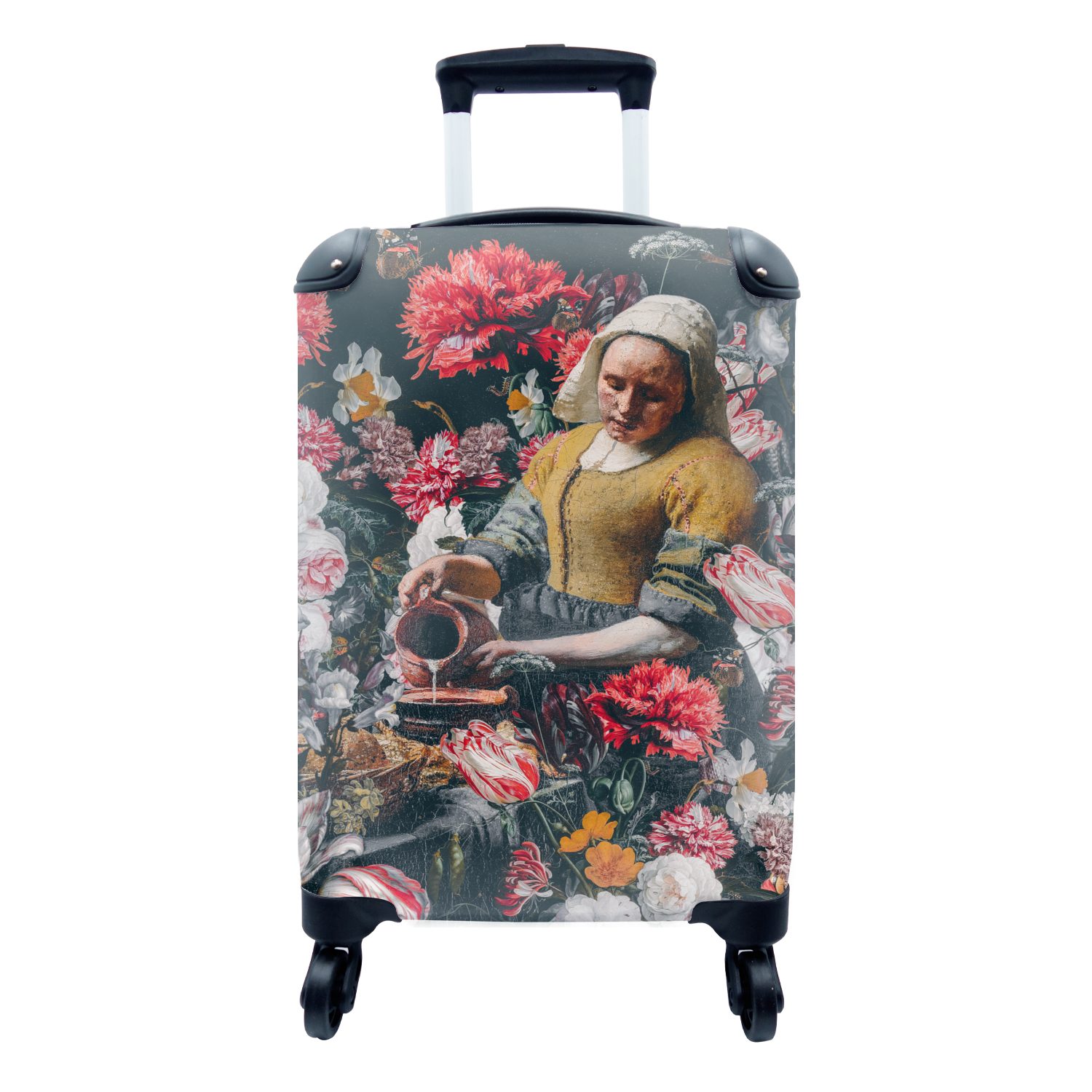 MuchoWow Handgepäckkoffer Milchmädchen - Johannes Vermeer - Blumen - Rosa, 4 Rollen, Reisetasche mit rollen, Handgepäck für Ferien, Trolley, Reisekoffer