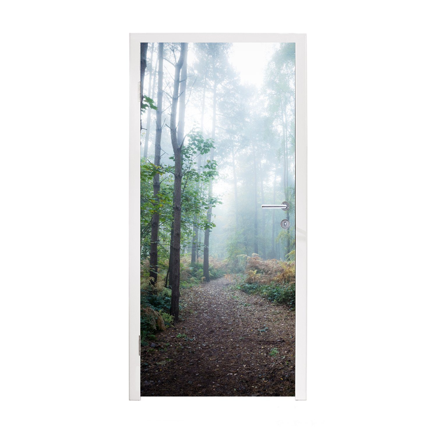 bedruckt, - Türaufkleber, Fototapete für cm St), MuchoWow Türtapete (1 Nebel Matt, 75x205 - Tür, Weg, Wald