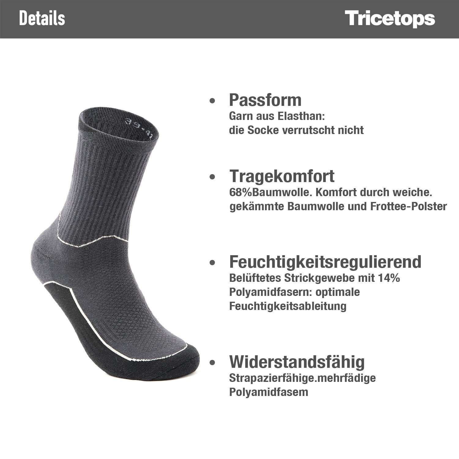 Tricetops Sportsocken TS02M Wandersocken Herren Arbeitssocken 3 / 6 Paar Sportsocken (3-Paar)