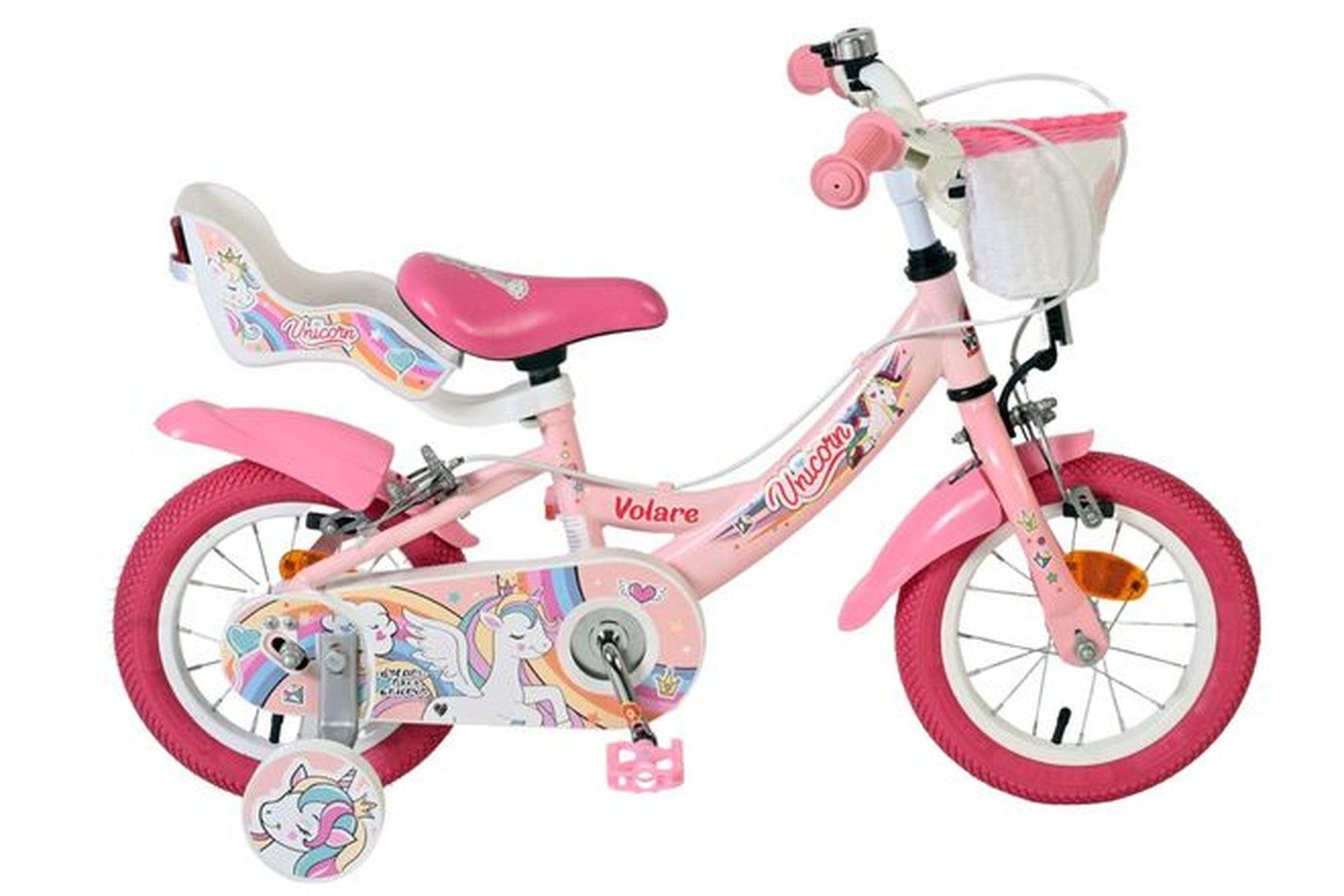 Kinderfahrrad Unicorn - Mädchen - 12 Zoll - Rosa - Zwei Handbremsen mit Puppensitz