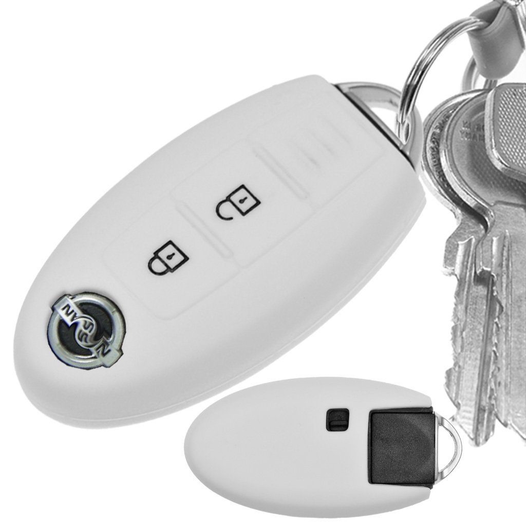 mt-key Schlüsseltasche Autoschlüssel Leaf für Micra Note 3 X-Trail Silikon Softcase Knopf Juke Weiß, Schutzhülle Nissan Qashqai KEYLESS Pulsar