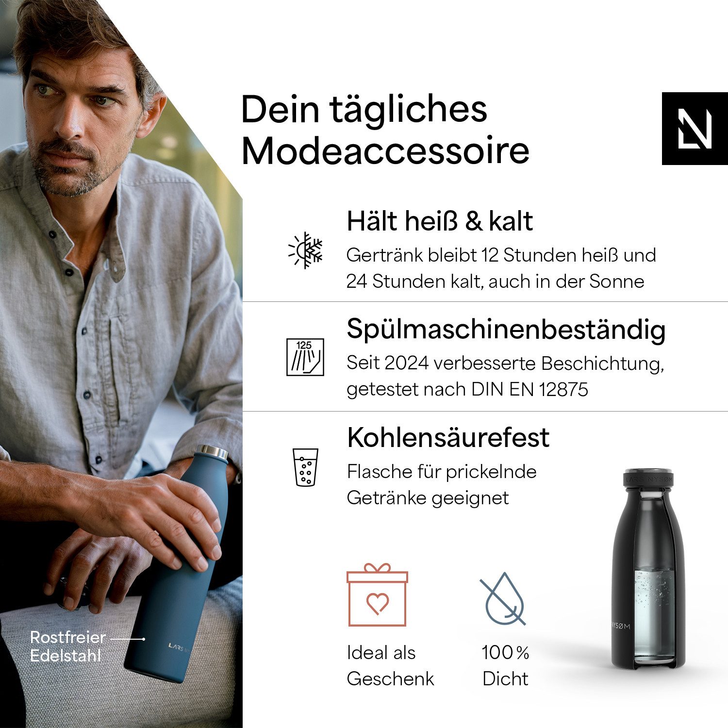 LARS NYSØM Thermoflasche Ren, Isolierflasche mit Vakuum Isolierung: 12h heiß / 24h kühl