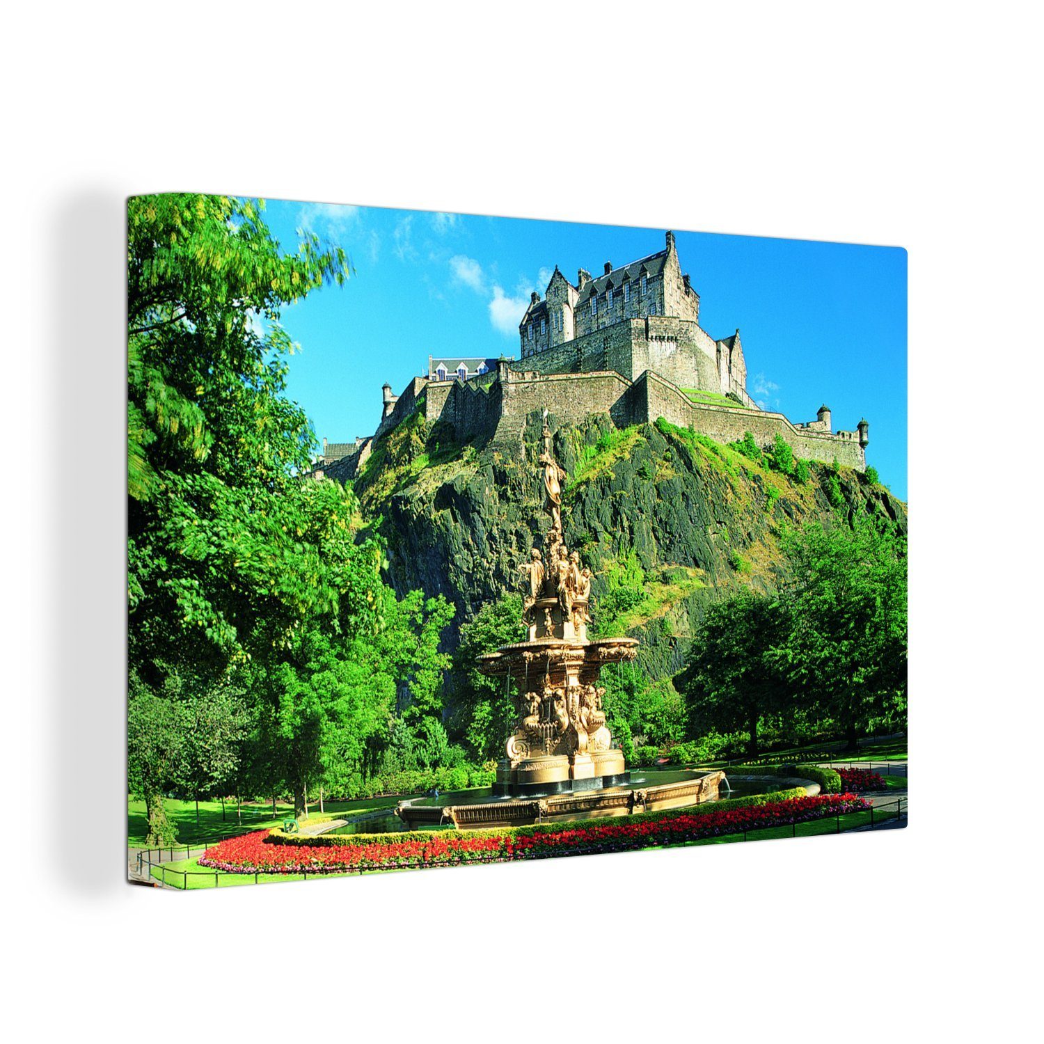 OneMillionCanvasses® Leinwandbild Burg und Brunnen von Edinburgh in Schottland, (1 St), Wandbild Leinwandbilder, Aufhängefertig, Wanddeko, 30x20 cm
