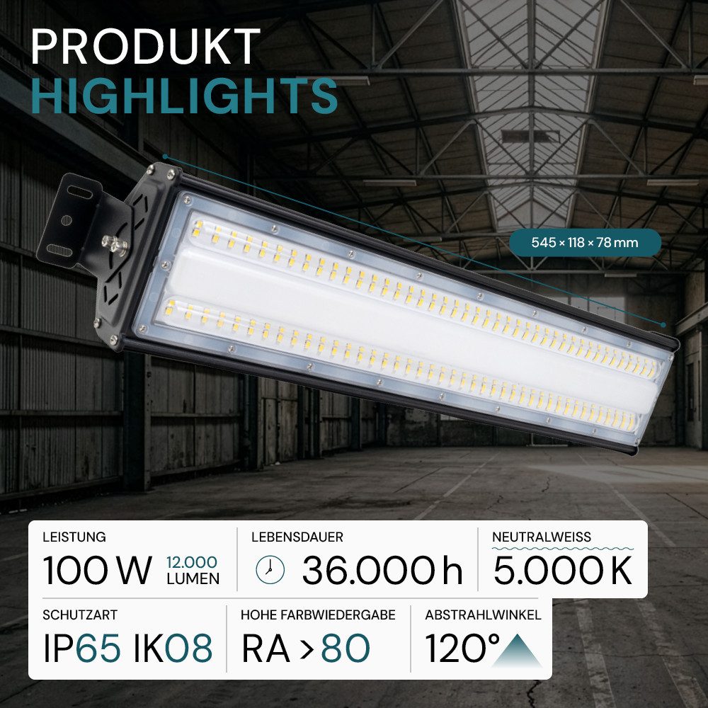 LUXULA LED Arbeitsleuchte LUXULA LED Hallenstrahler HighBay 100 W 5000 K Neutralweiß Schwarz, LED fest integriert, Neutralweiß, Hallenstrahler 100W 12000lm IP65 IK08