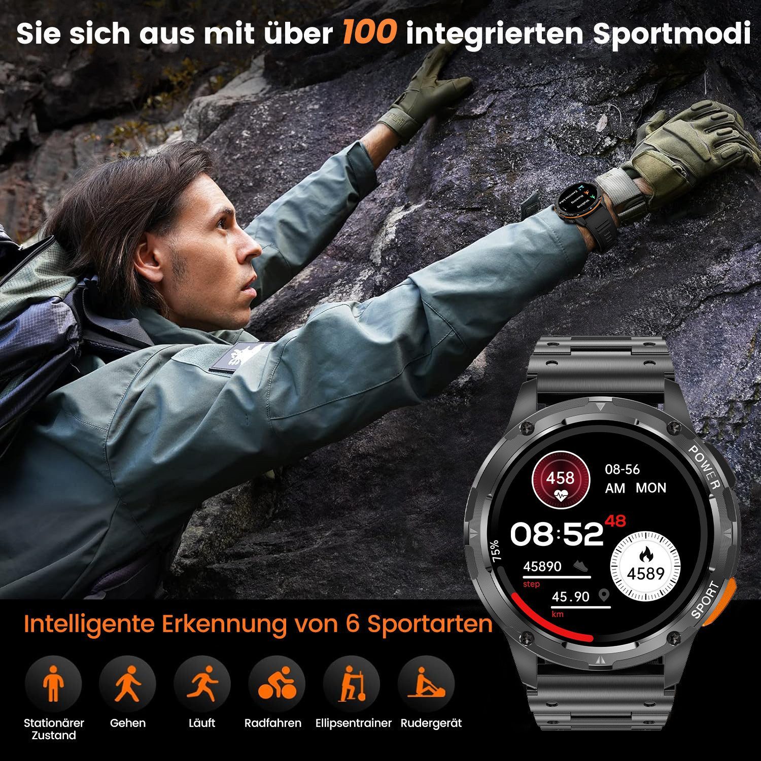 SWGOTA 2026 Smartwatch für Herren in Militärqualität Fitnessuhr Smartwatch (3.63 cm/1,43 Zoll, AMOLED Always On Display), mit 100+ Sportmodi,24/7 Herzfrequenz/SpO2/Schlafüberwachung