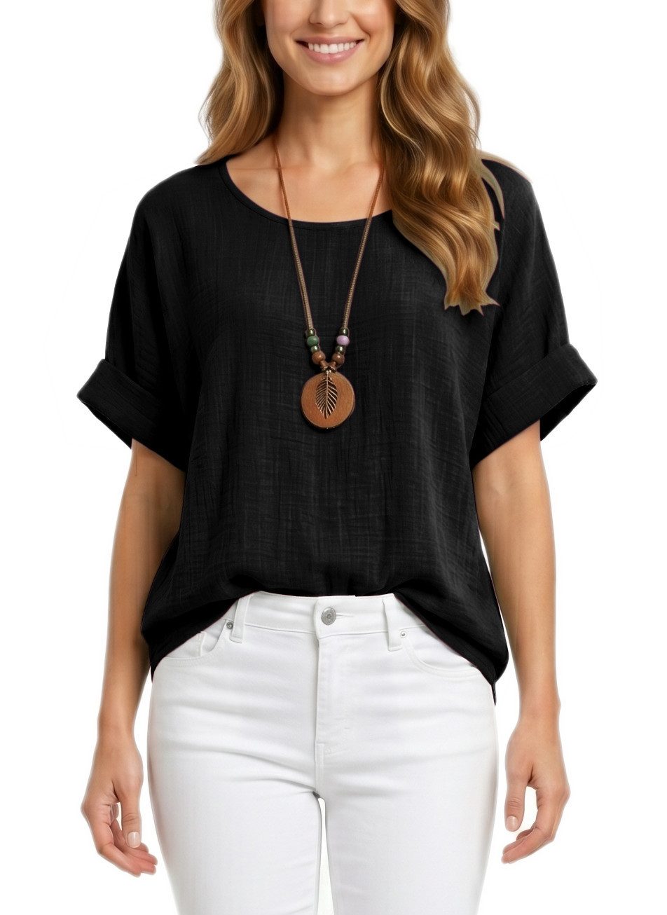 dy_mode Kurzarmbluse Damen Kurzarm Bluse Leichte Sommer Tunika Baumwollbluse Oberteil in Unifarbe, mit passende Kette