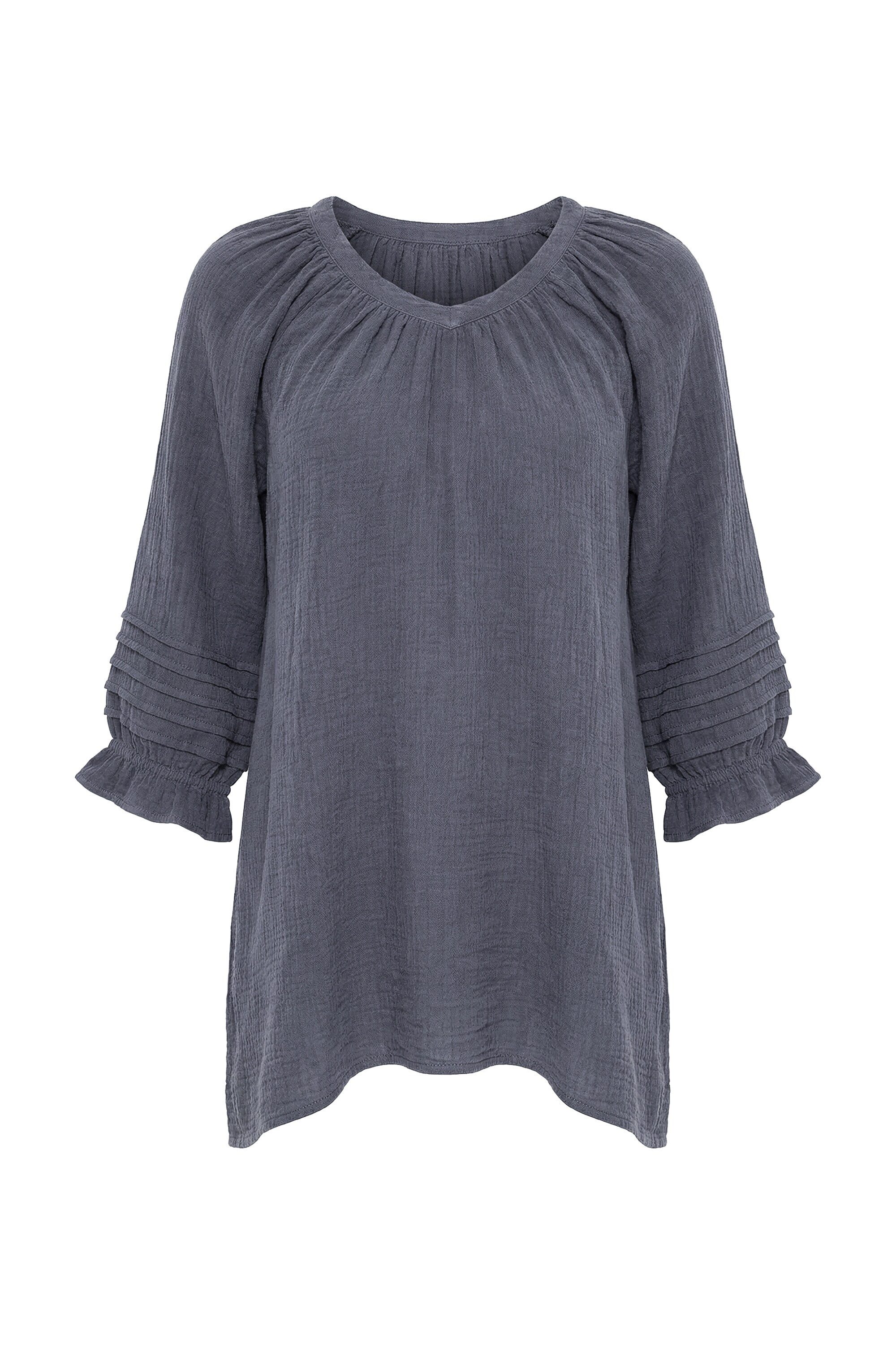 Ulla Popken Tunika Musselin-Bluse Biesen A-Linie V-Ausschnitt 3/4-Arm
