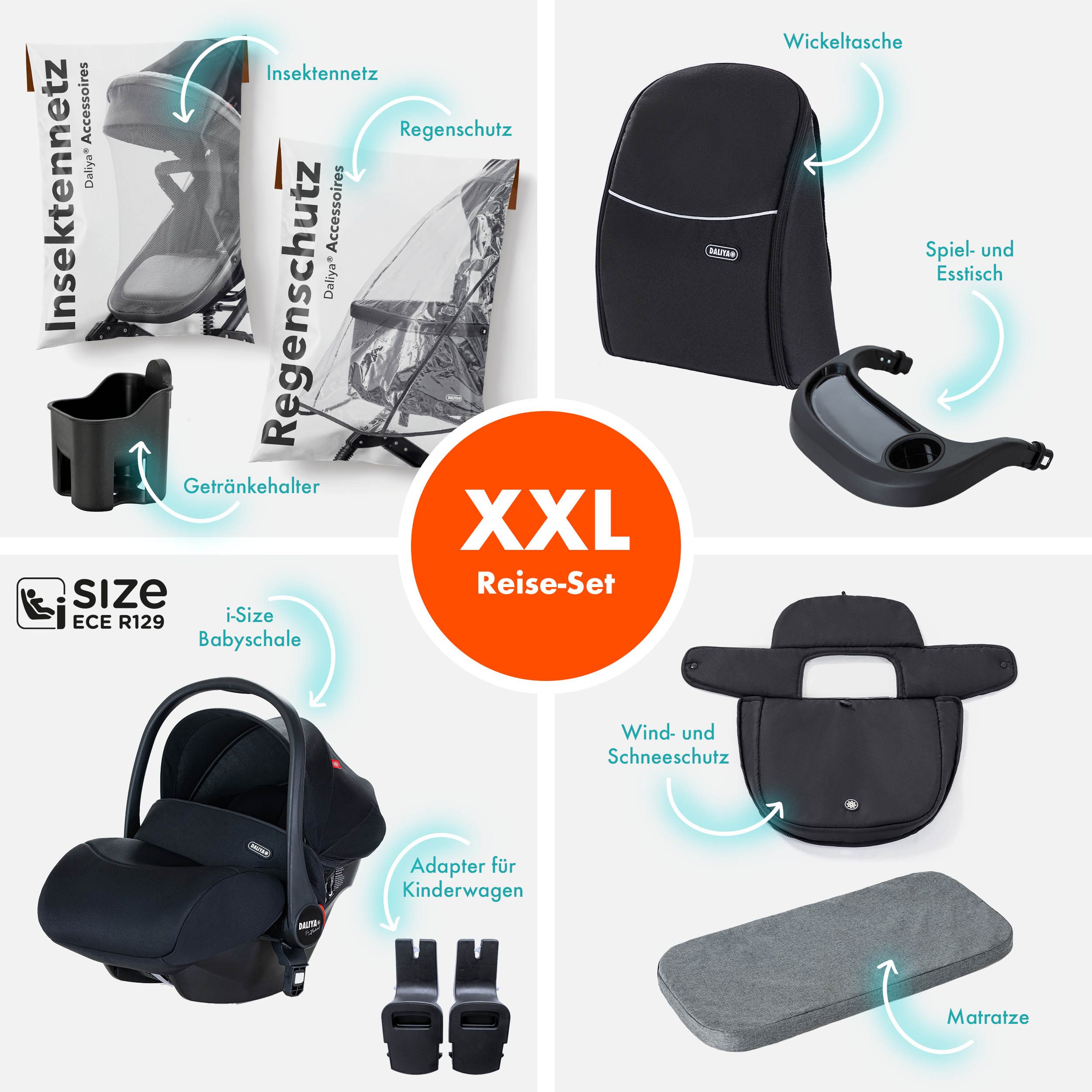 Daliya® Kombi-Kinderwagen BAMBIMO 3in1 Kinderwagen & Buggy mit Auto-Babyschale und Adapter, (XXL-Set inkl. Wickeltasche und Spieltisch, 15-tlg), Babyschale, Airless-Räder, Federung, weiche Matratze, Belüftungssystem