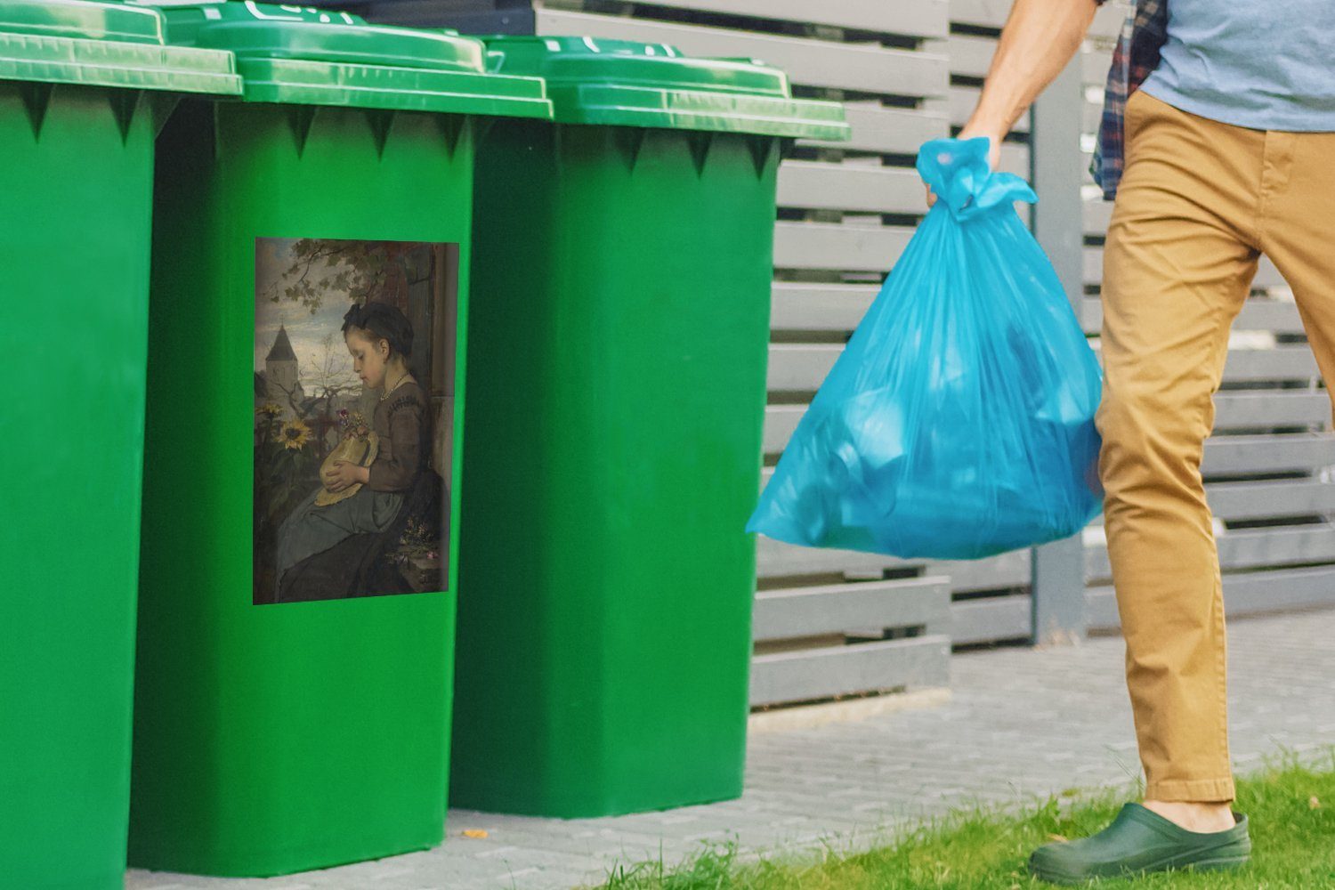 MuchoWow einem Jacob von vor Haus Ein (1 Sticker, das Gemälde Mädchen, Container, Maris Abfalbehälter Mülleimer-aufkleber, St), Wandsticker sitzt - Mülltonne,