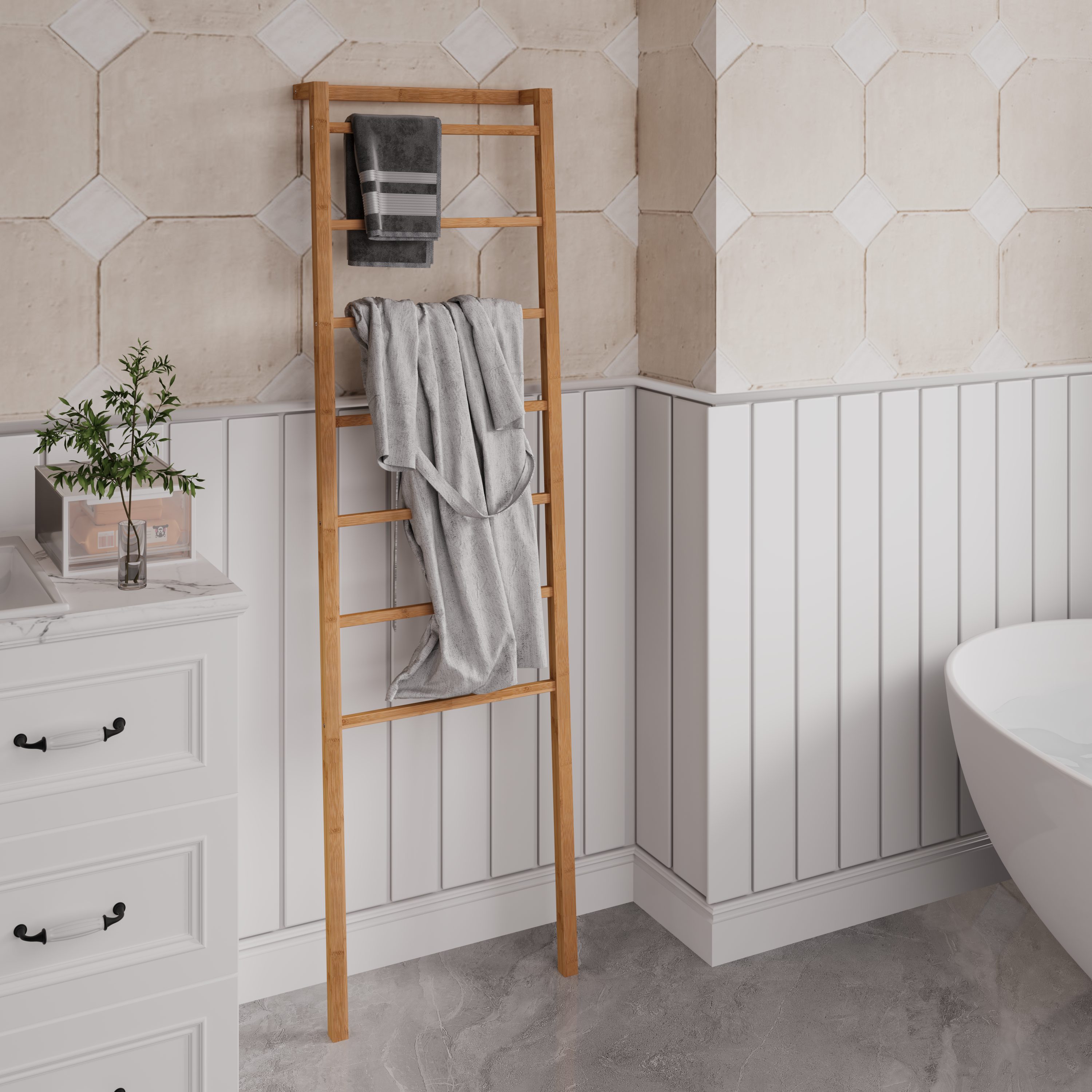 Yorbay Handtuchleiter 7 Sprossen Bambus, ohne Bohren platzsparend Badezimmer